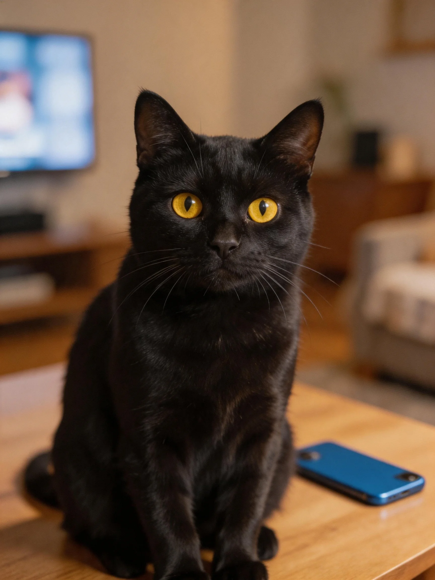 A sleek black cat with bright yellow eyes sits on a wooden table