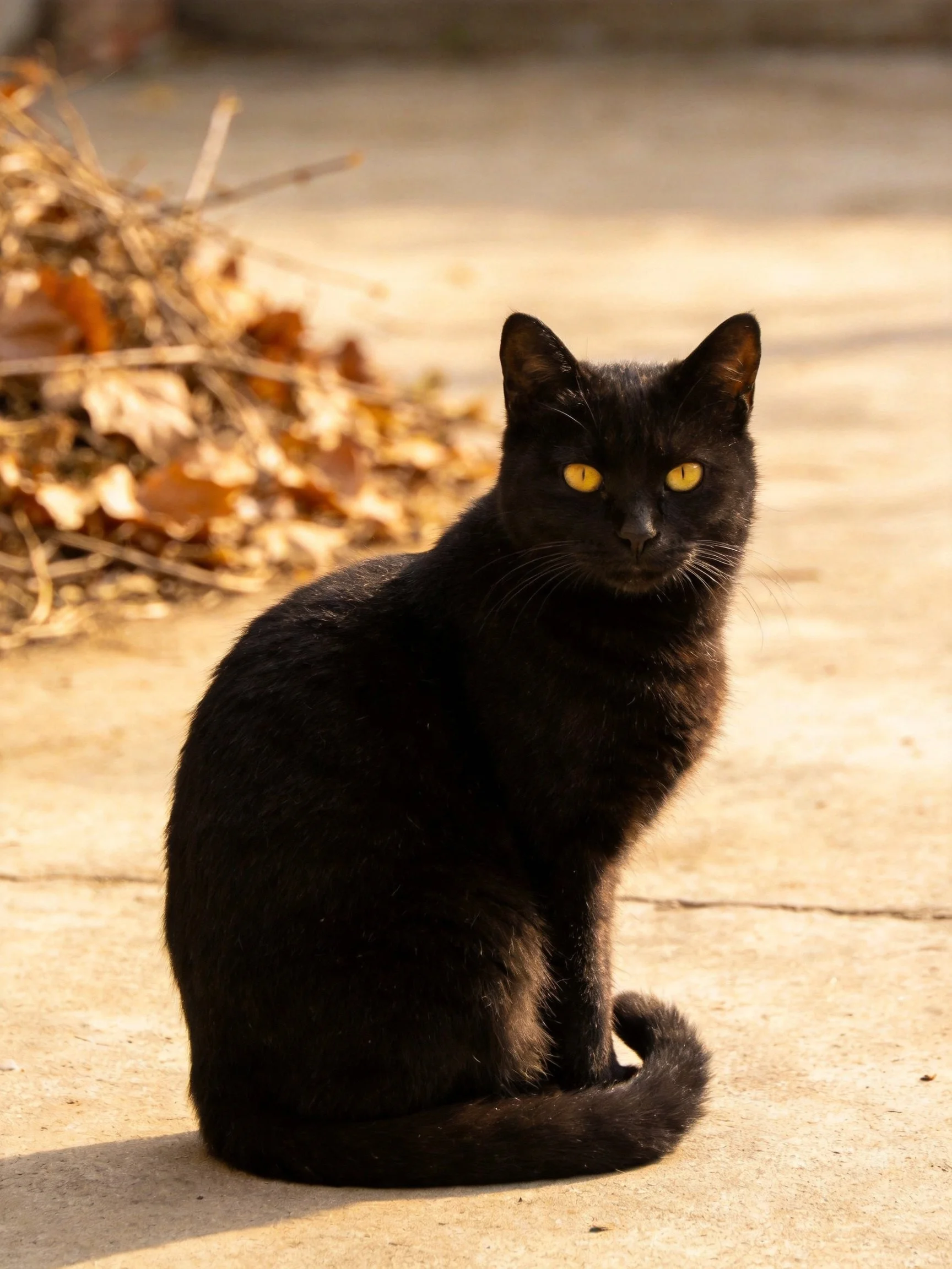 A black cat with yellow eyes rests on concrete next to a pile of dried leaves.