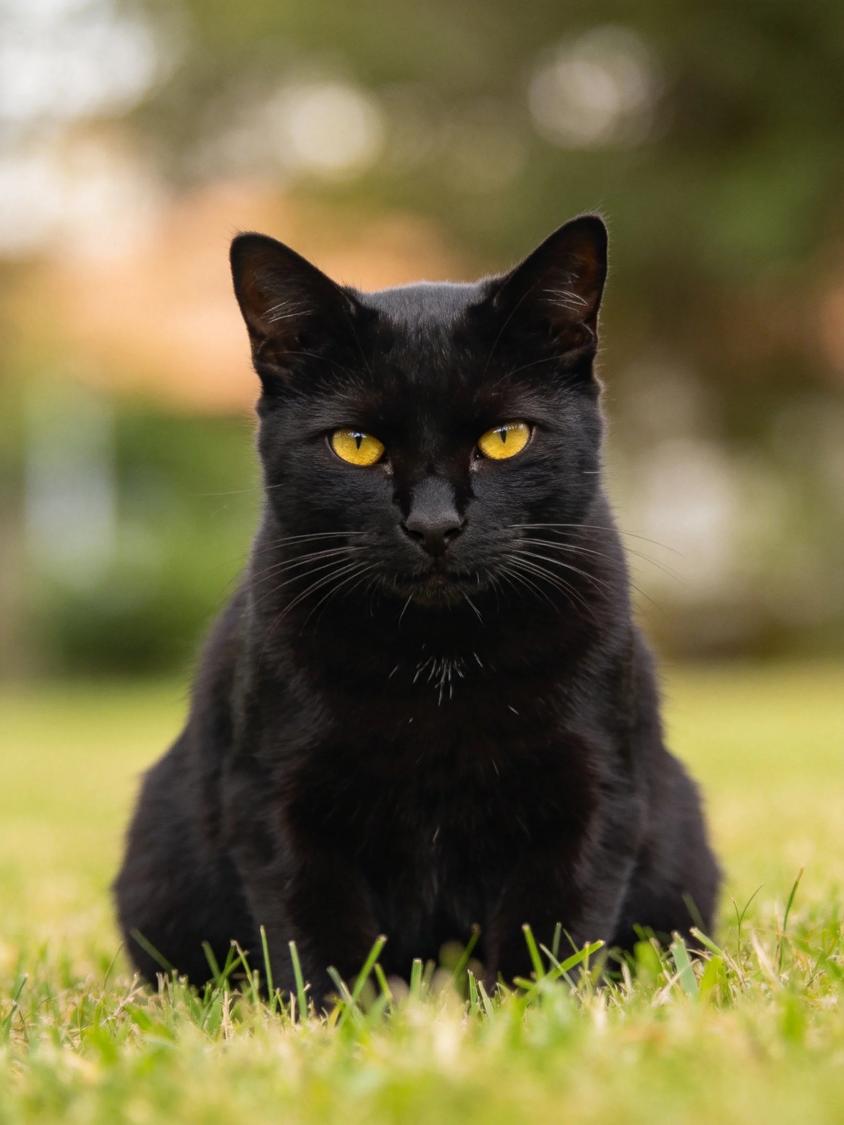 A black cat with vivid yellow eyes rests peacefully on grass in an outdoor environment.