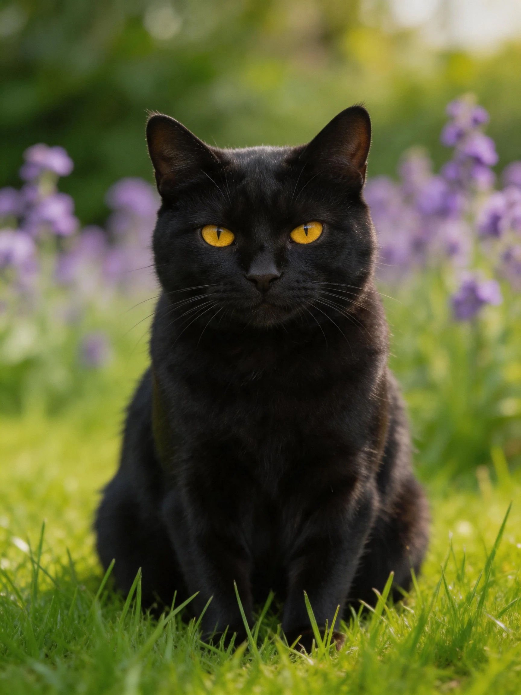 A sleek black cat with bright yellow eyes sits on lush green grass near purple blooms