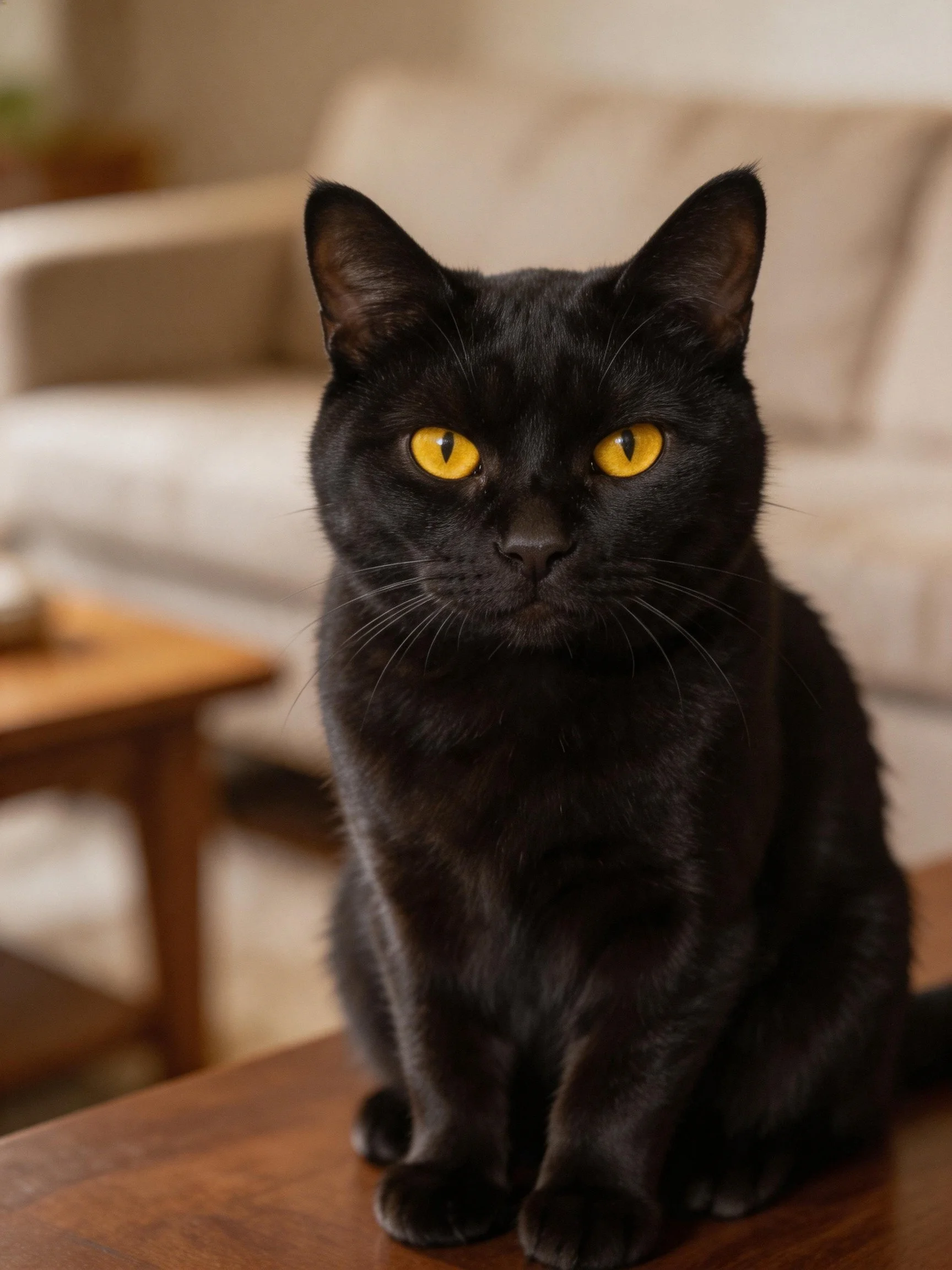 A sleek black cat with bright yellow eyes sits on wooden furniture