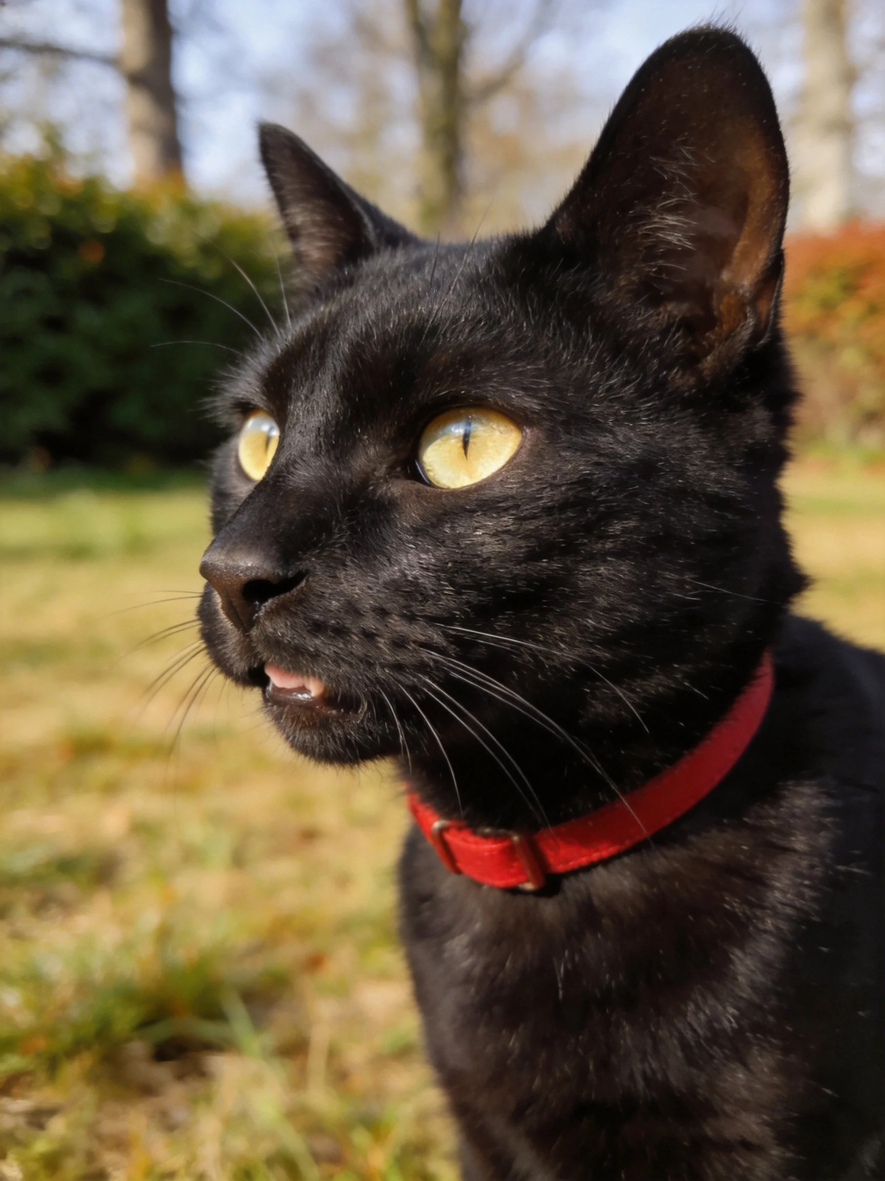 A sleek black cat with bright yellow eyes wears a red collar outdoors