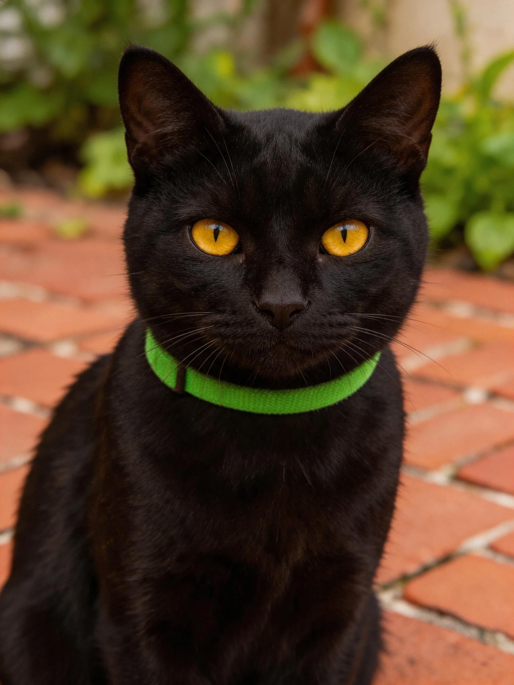 A black cat with a green collar sits on a brick path surrounded by greenery.