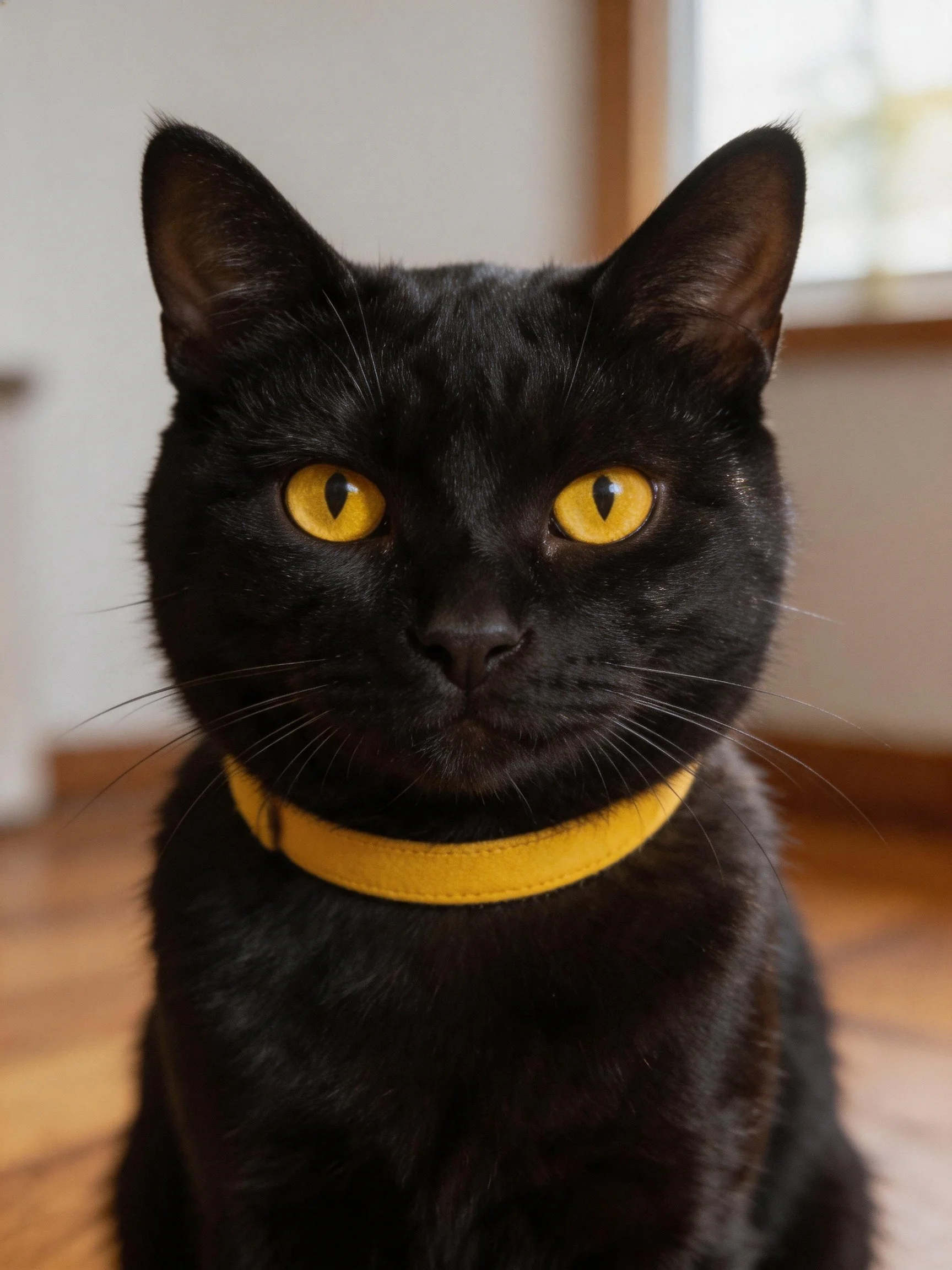 Black cat with bright yellow eyes and yellow collar in an indoor setting