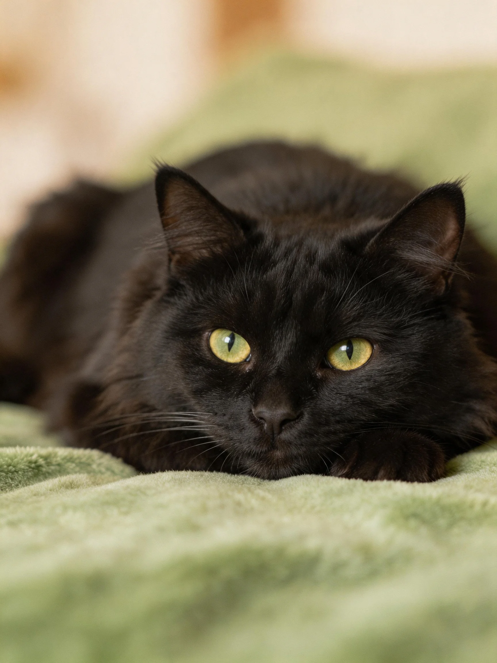 A black cat with yellow-green eyes relaxes on a soft green blanket