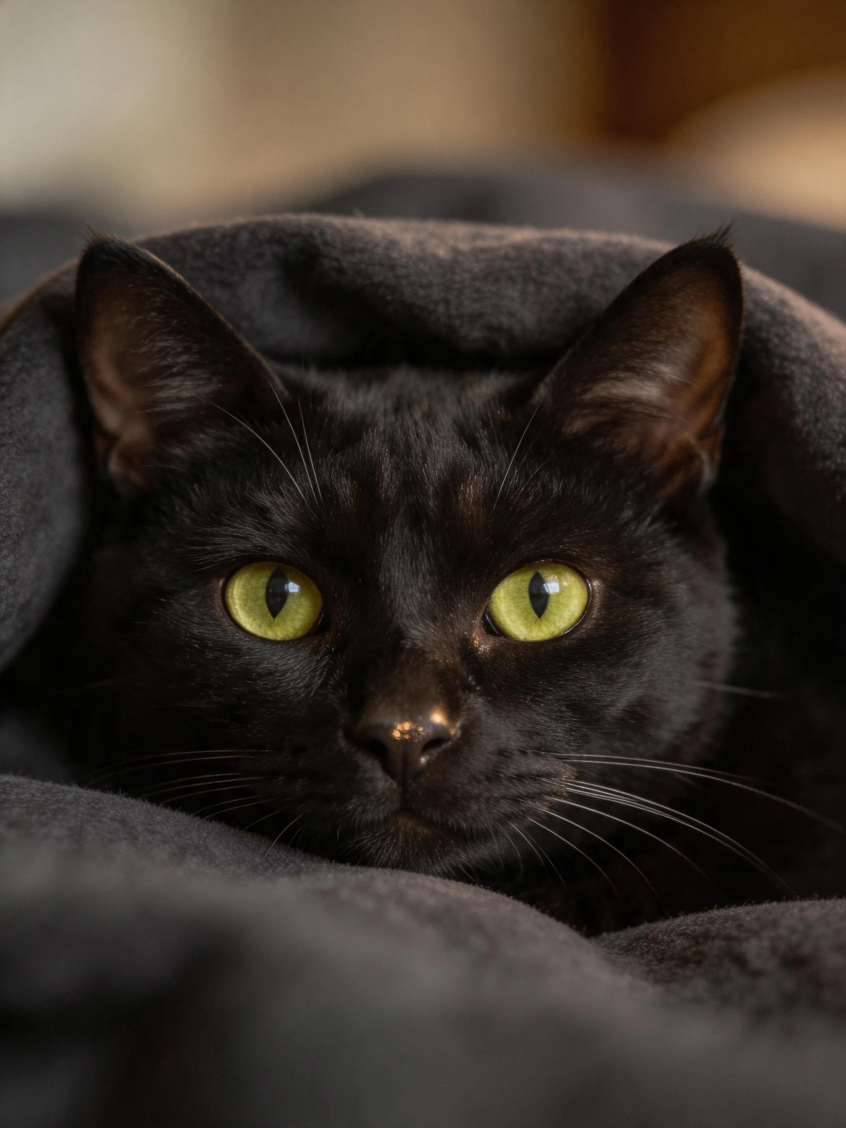 A sleek black cat with bright yellow-green eyes under a dark blanket