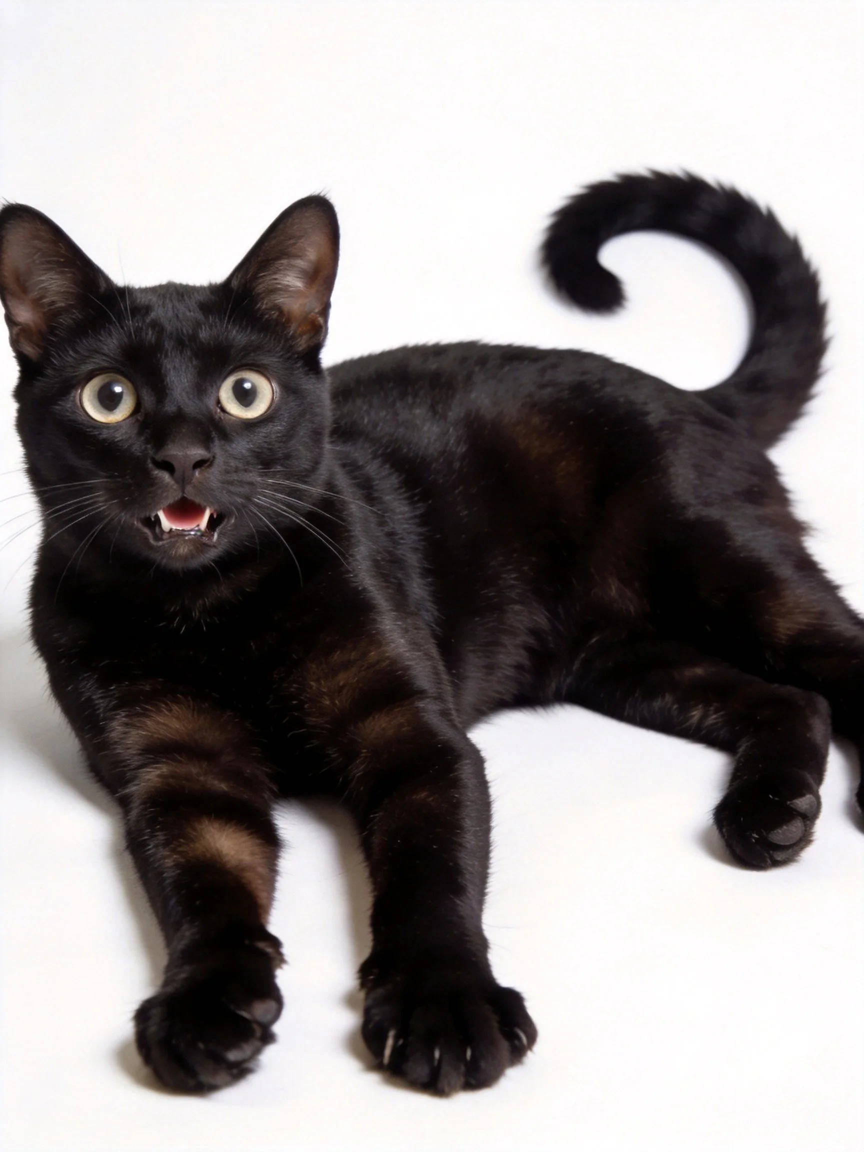 A sleek black cat with brown markings lies ona white surface