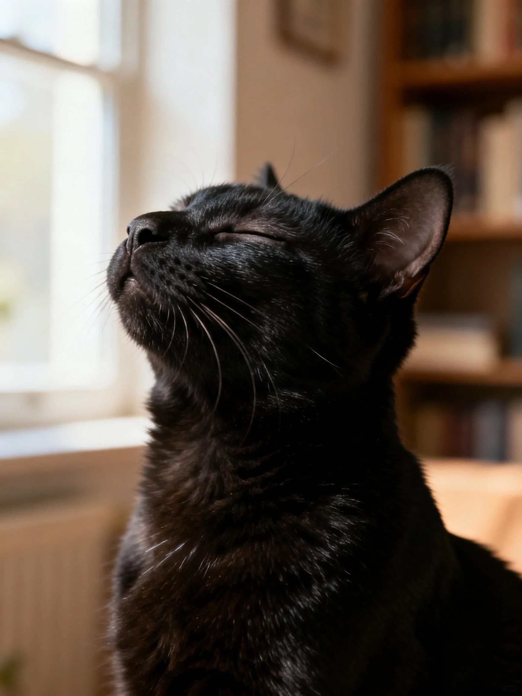 A sleek black cat with closed eyes near a bright window