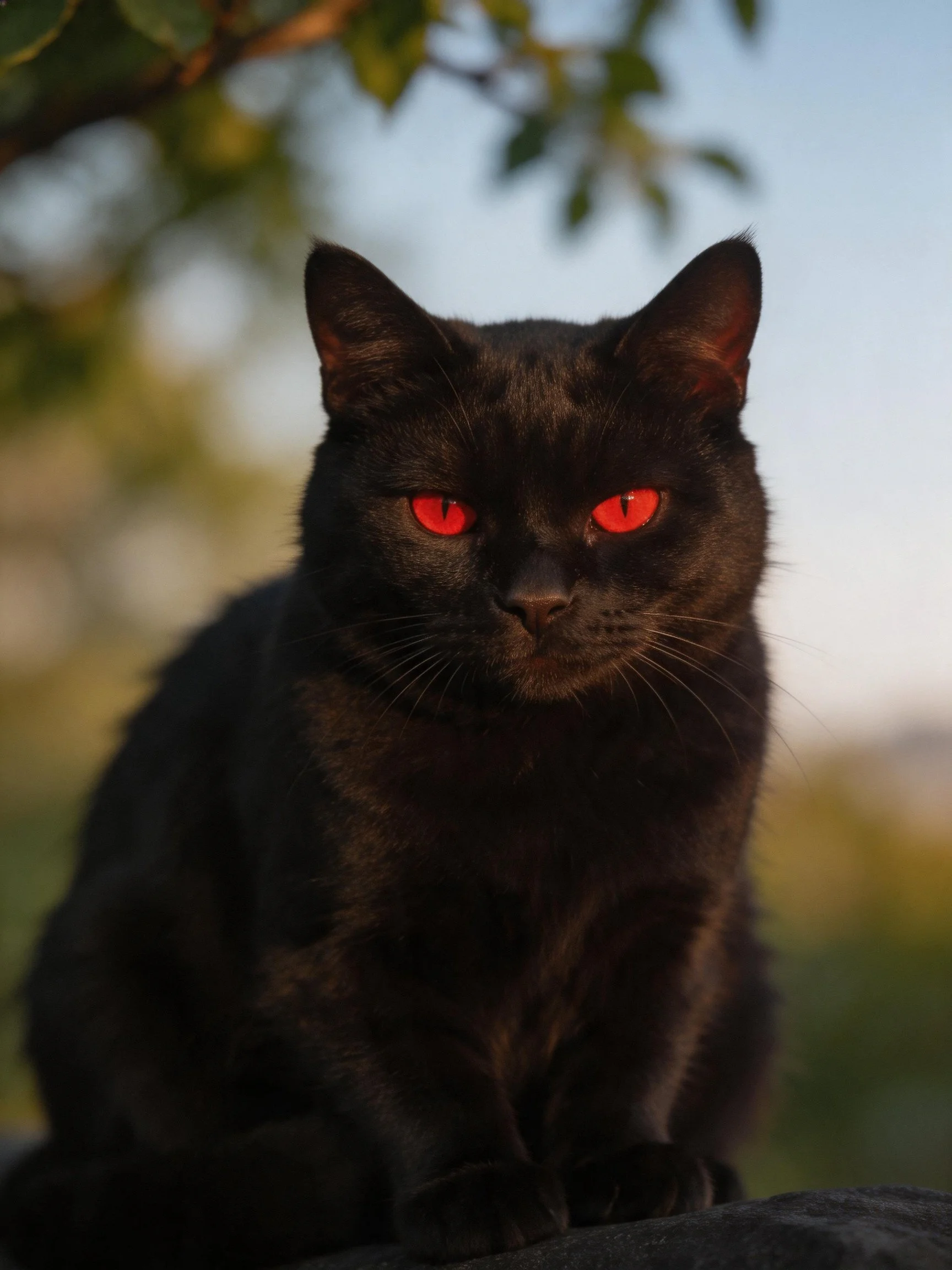 A sleek black cat with glowing red eyes in a softly lit outdoor scene