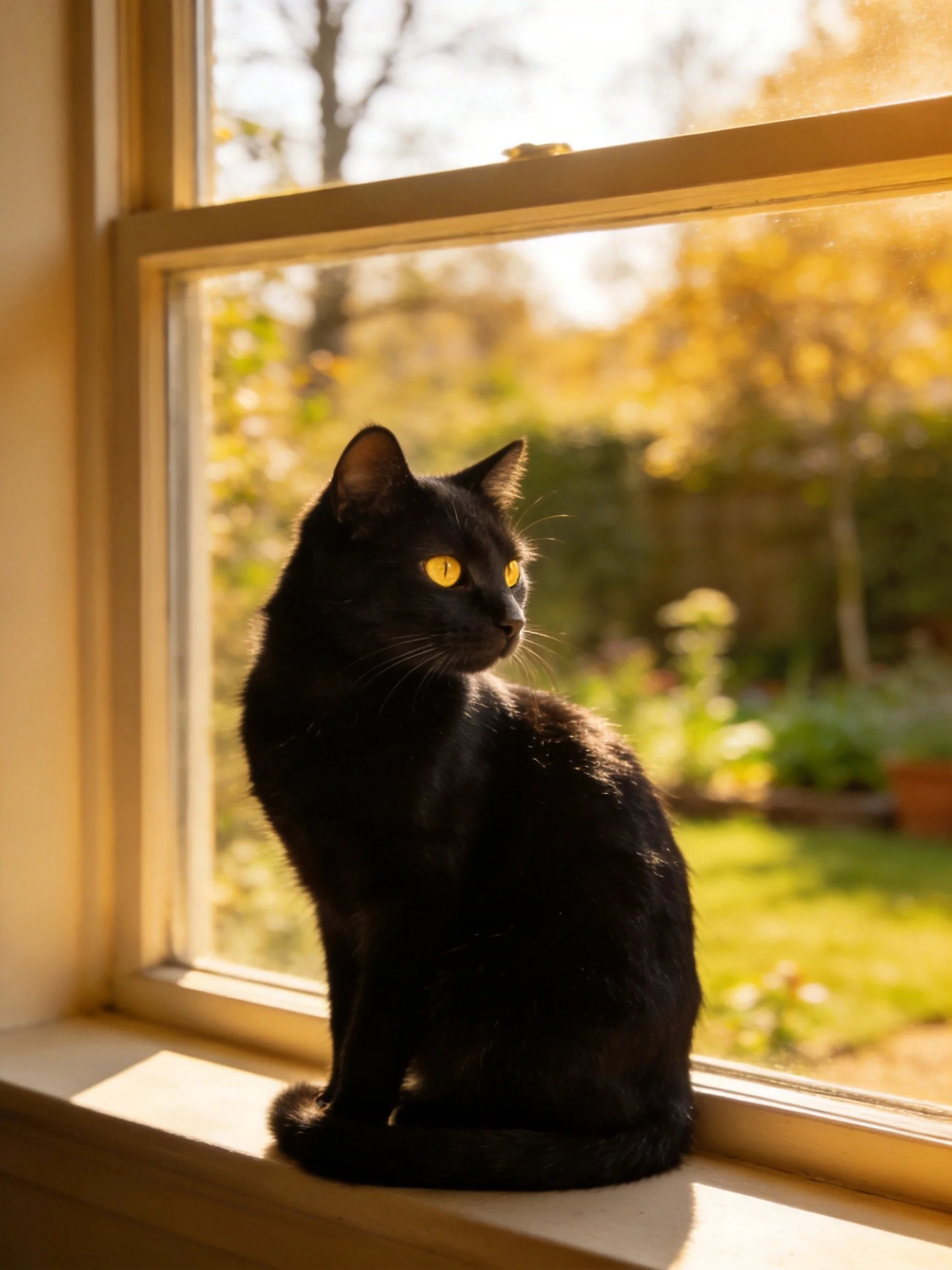 A sleek black cat with golden eyes sits by a sunlit window overlooking a garden