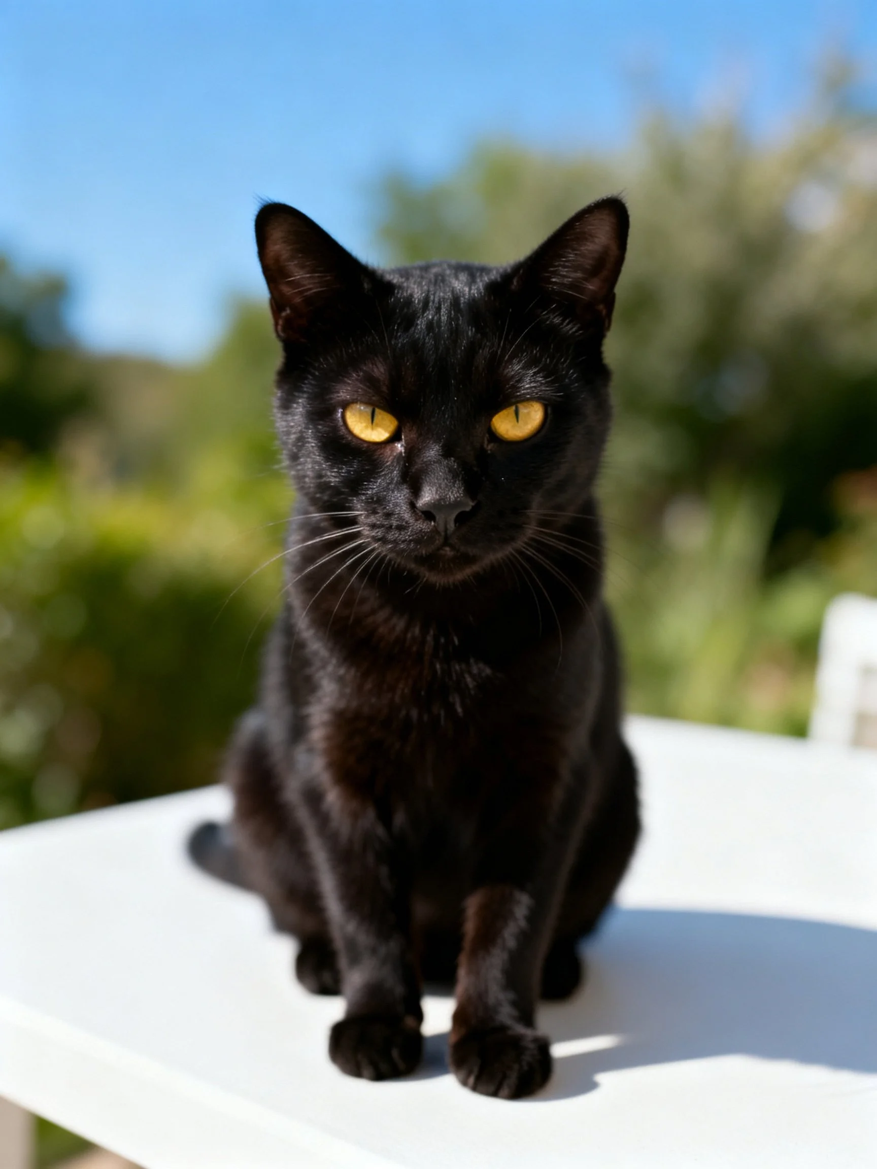A sleek black cat with golden eyes sits calmly on a white table in a sunny outdoor setting.