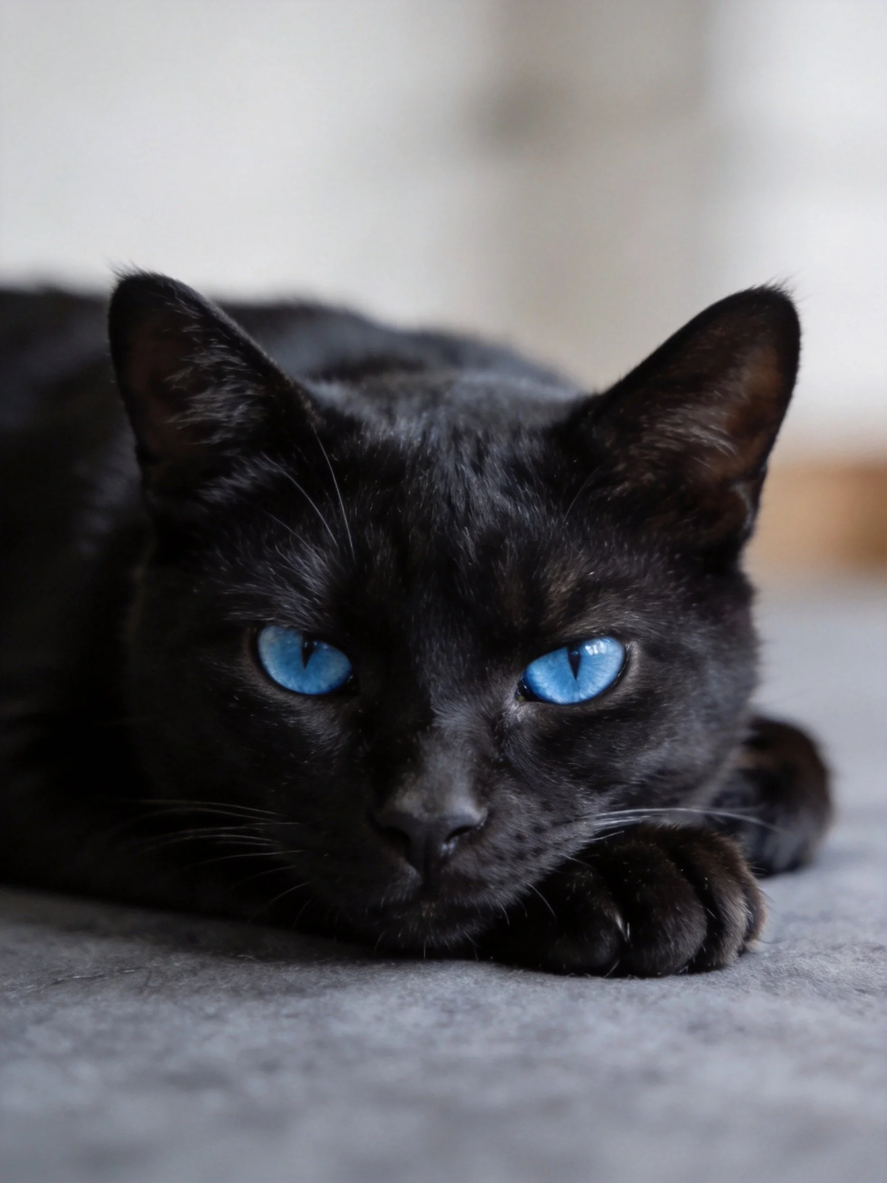 A sleek black cat with striking blue eyes rests on a gray surface