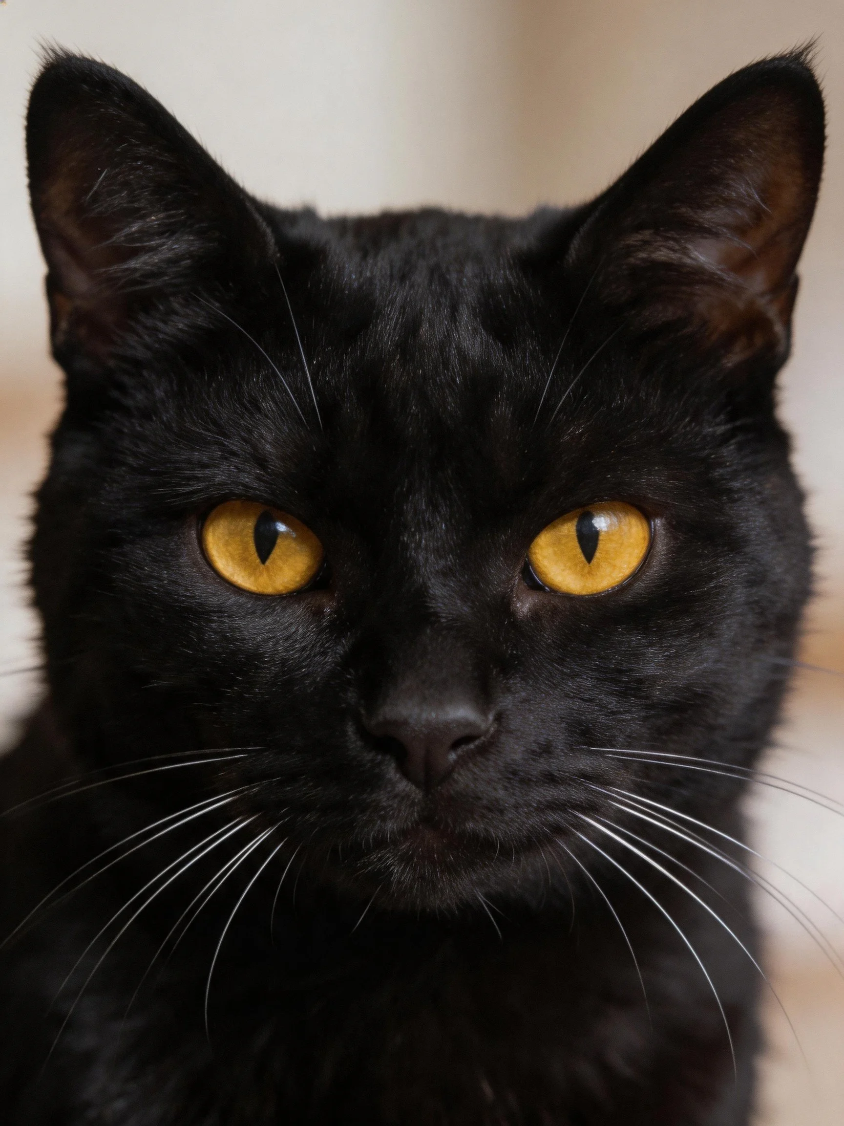 A sleek black cat with striking yellow eyes