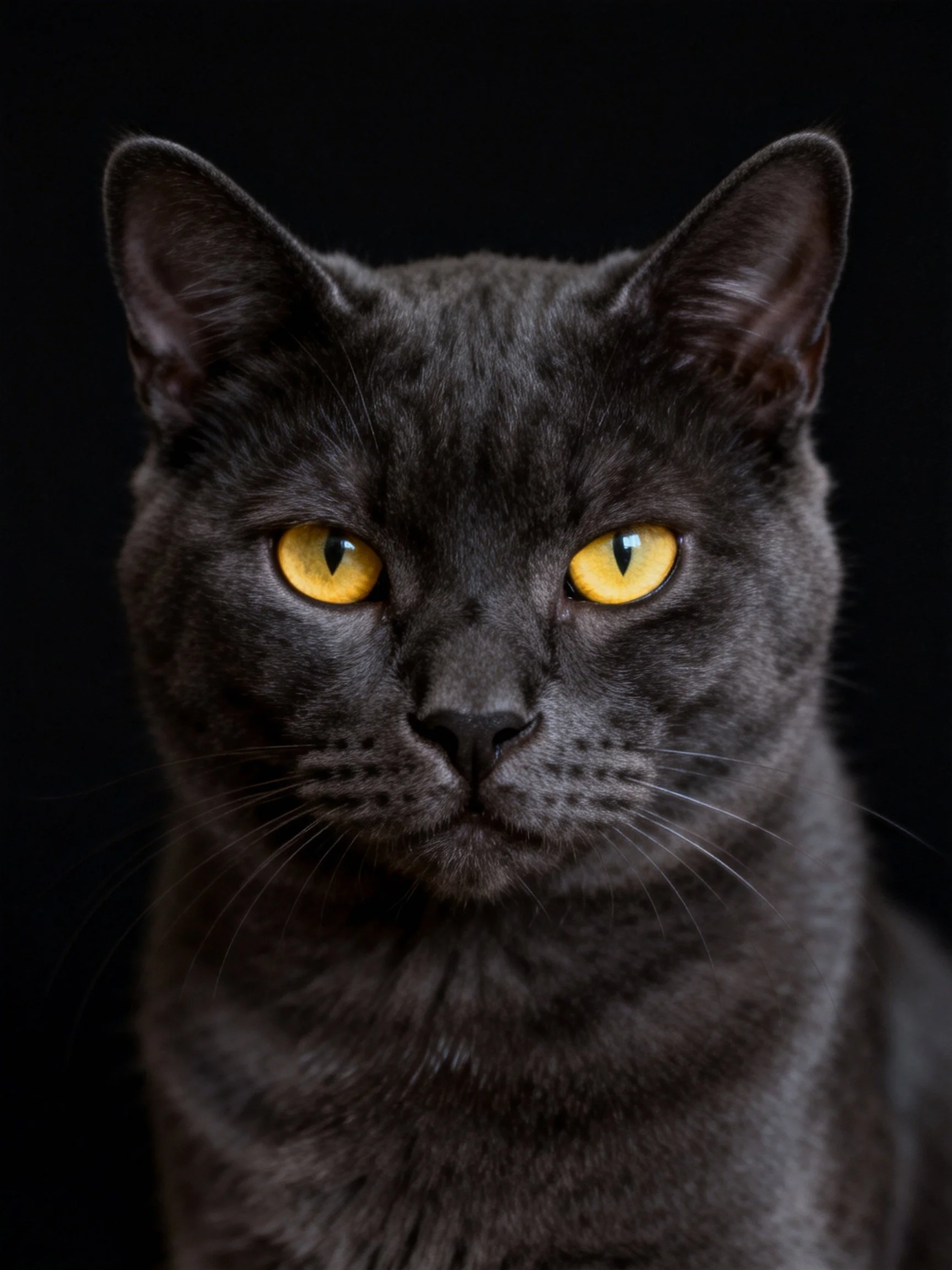 A close - up portrait of a sleek black cat with bright yellow eyes on a dark background.