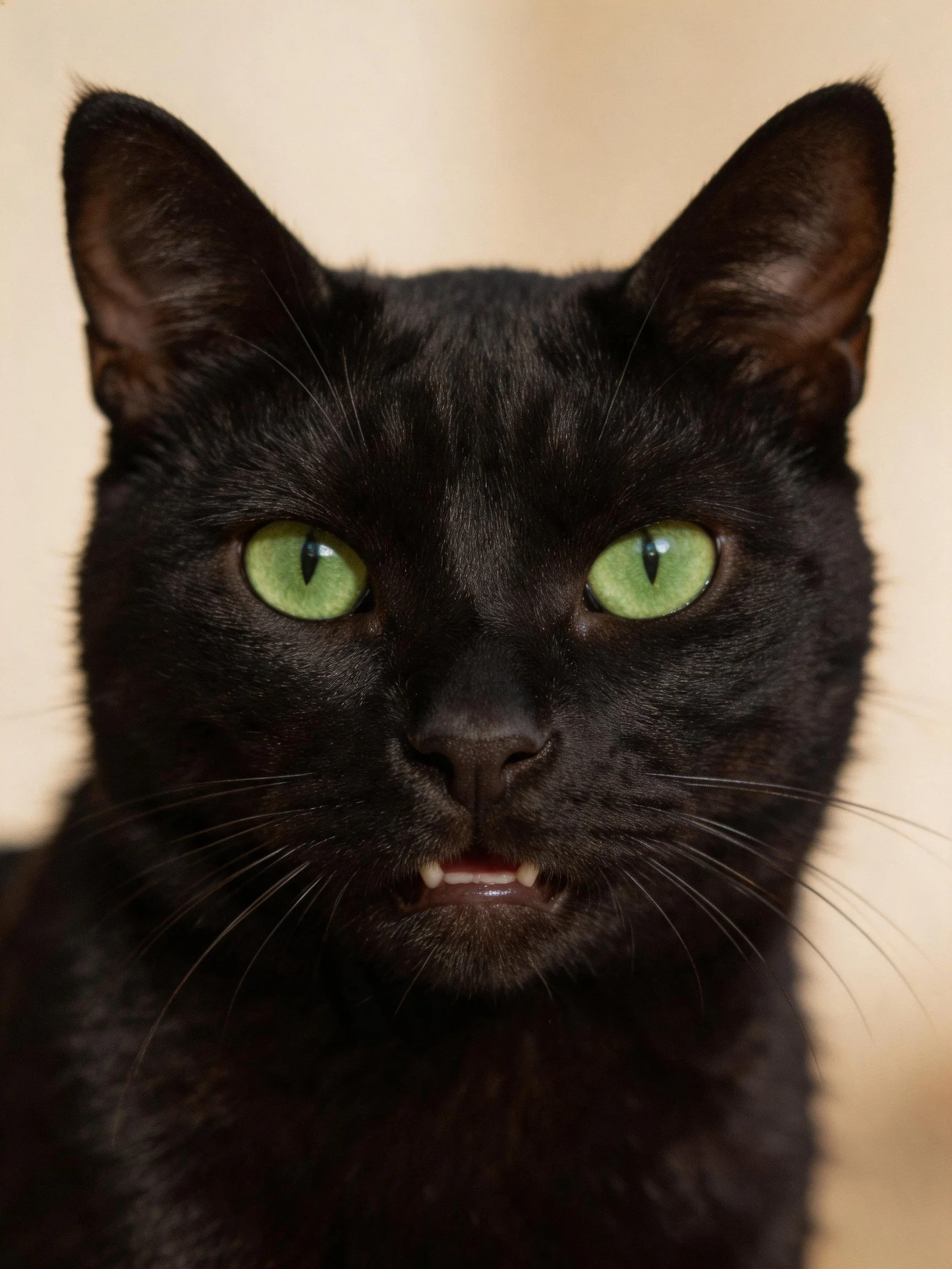 A sleek black cat with vibrant green eyes