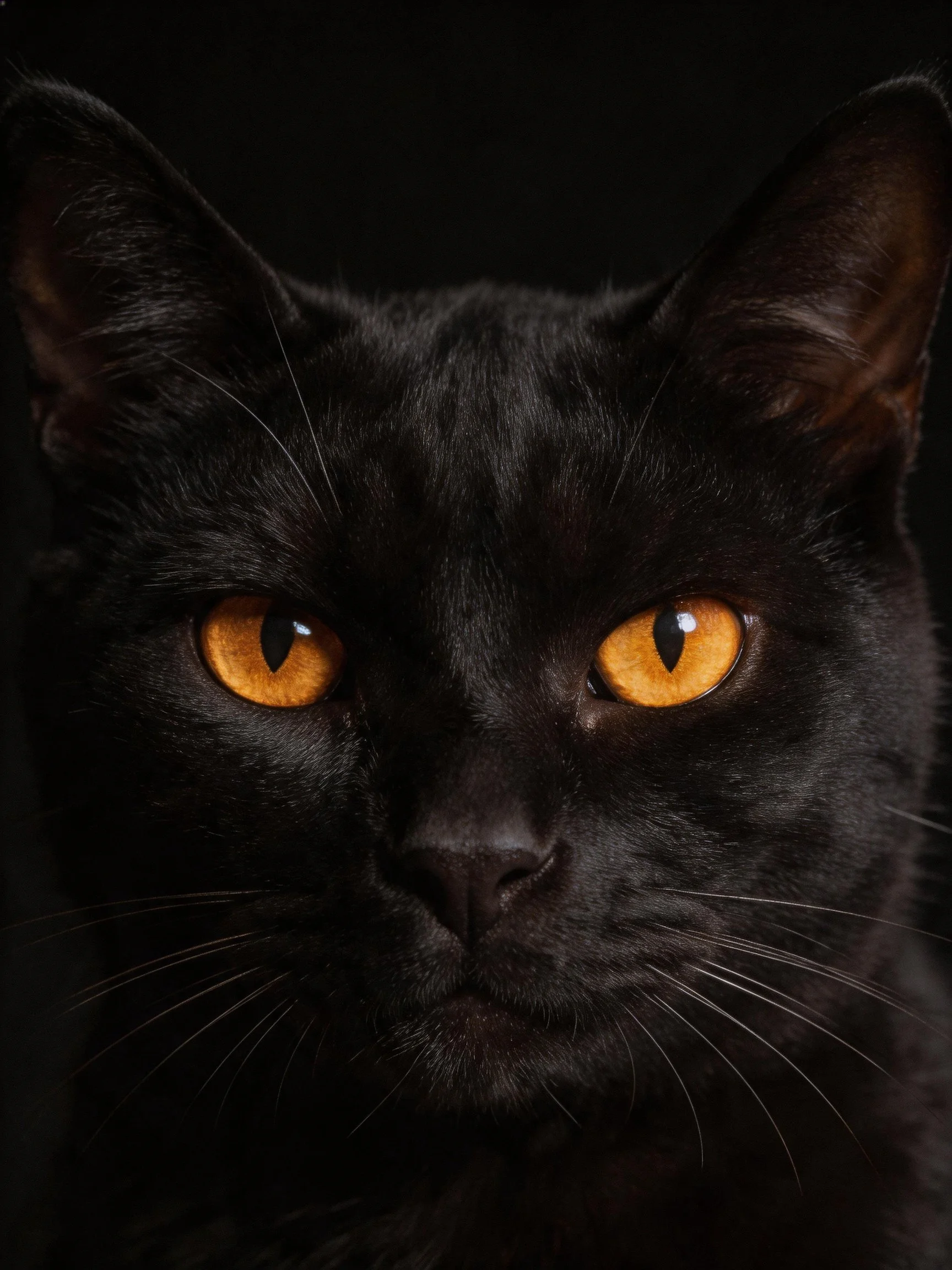 A sleek black cat with vivid amber eyes against a dark backdrop
