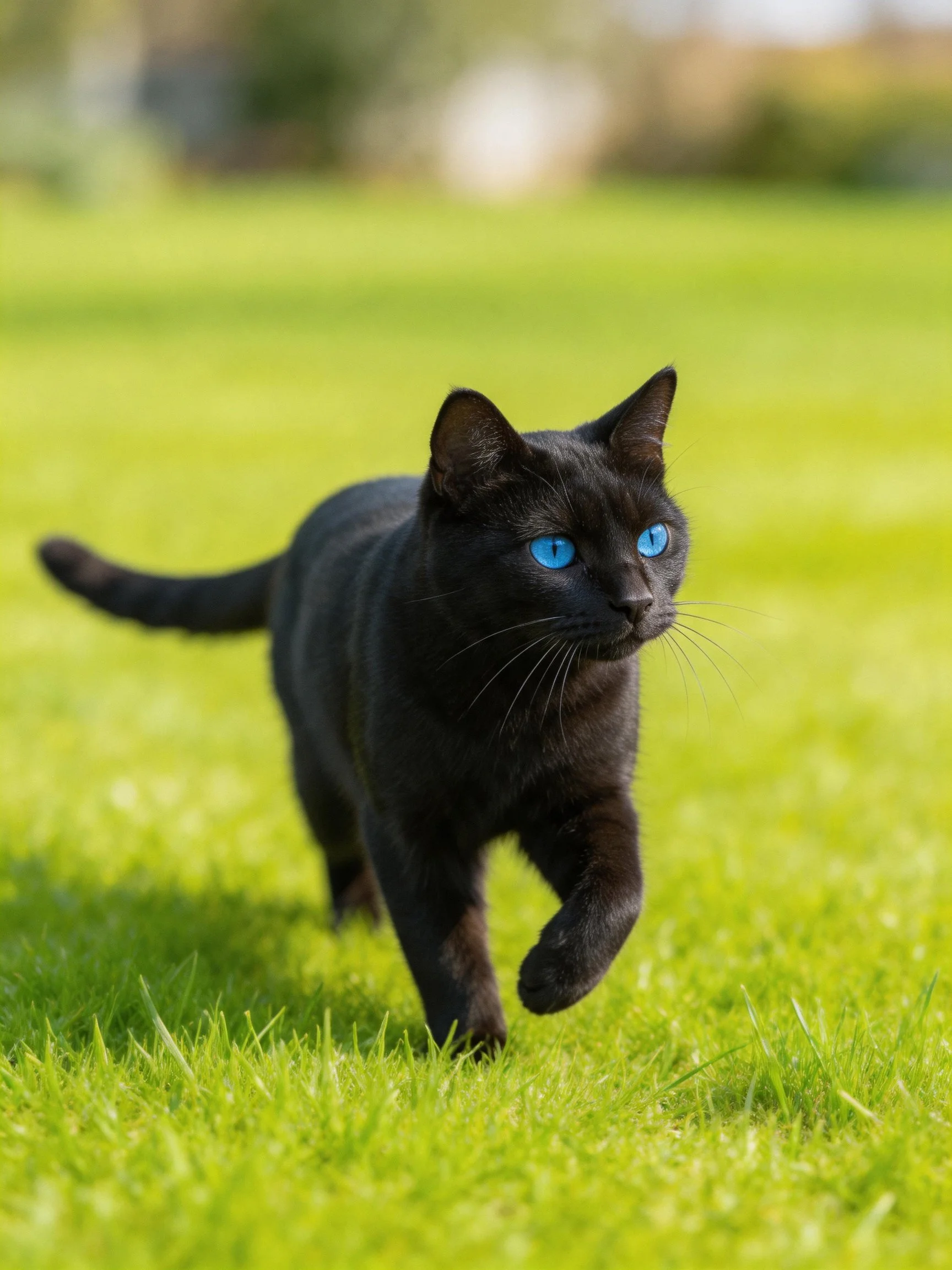 A sleek black cat with vivid blue eyes on lush green grass