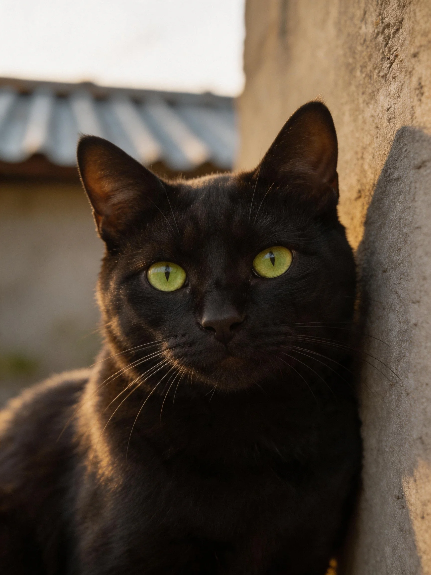 A sleek black cat with vivid green eyes by a rough wall