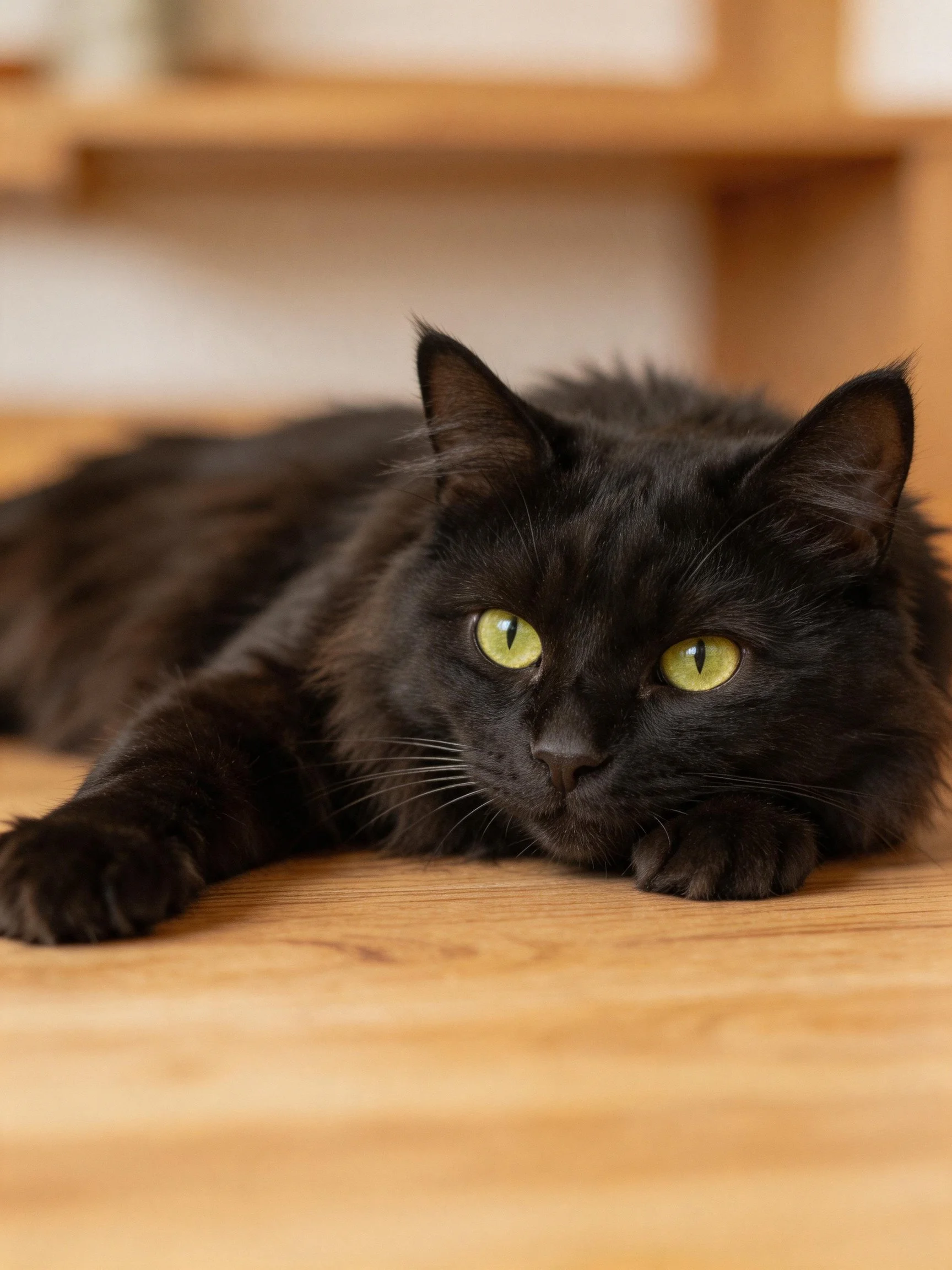 A sleek black cat with vivid green eyes lies on wooden flooring