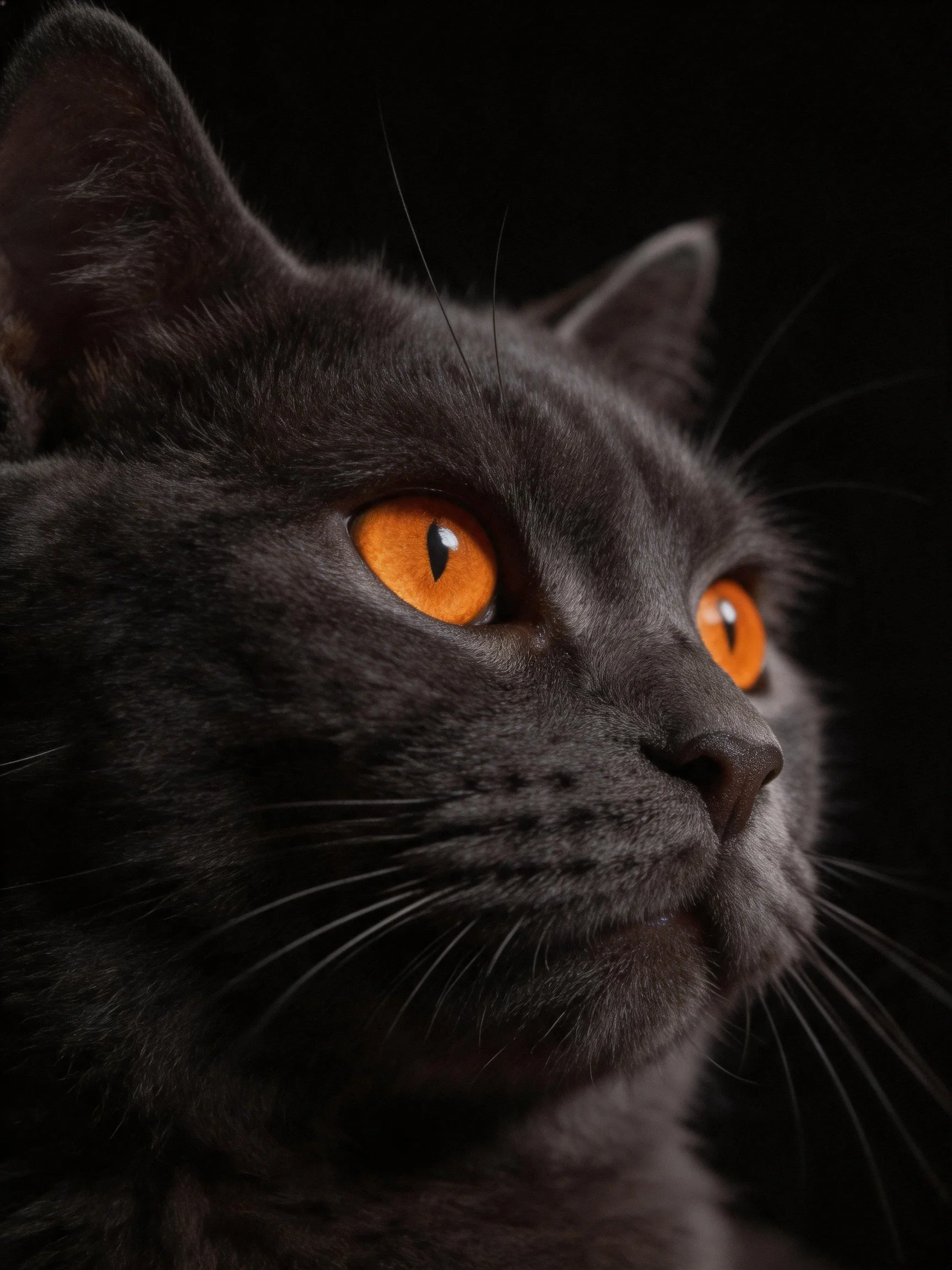 A sleek black cat with vivid orange eyes in close-up