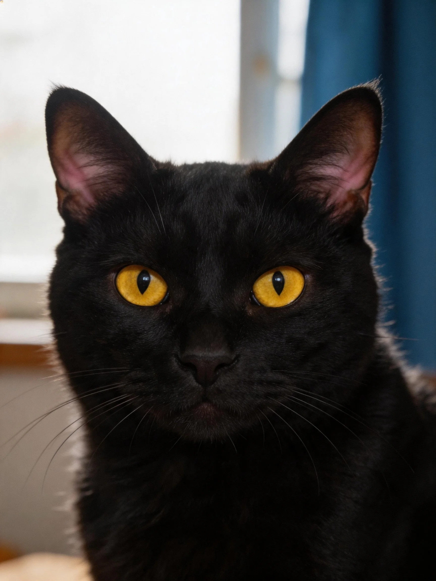 A sleek black cat with vivid yellow eyes in a softly lit setting