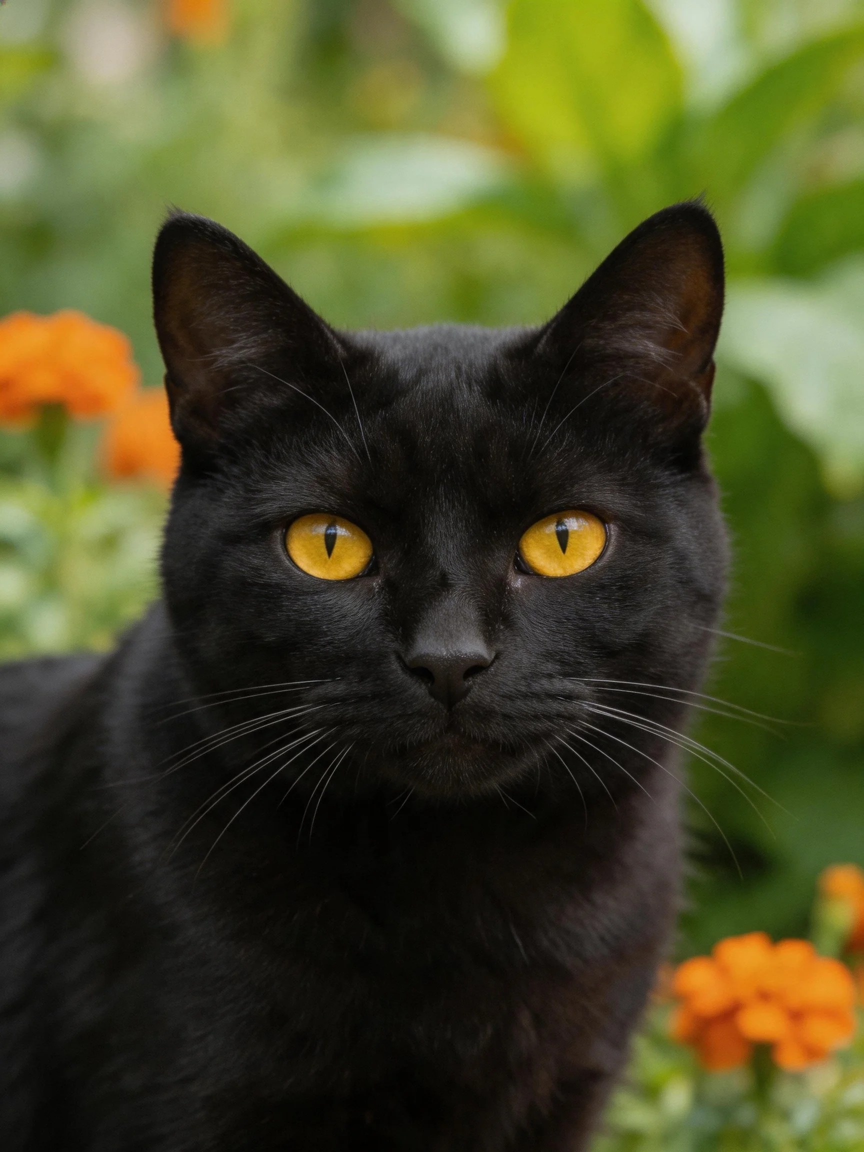 A sleek black cat with vivid yellow eyes near orange flowers and greenery