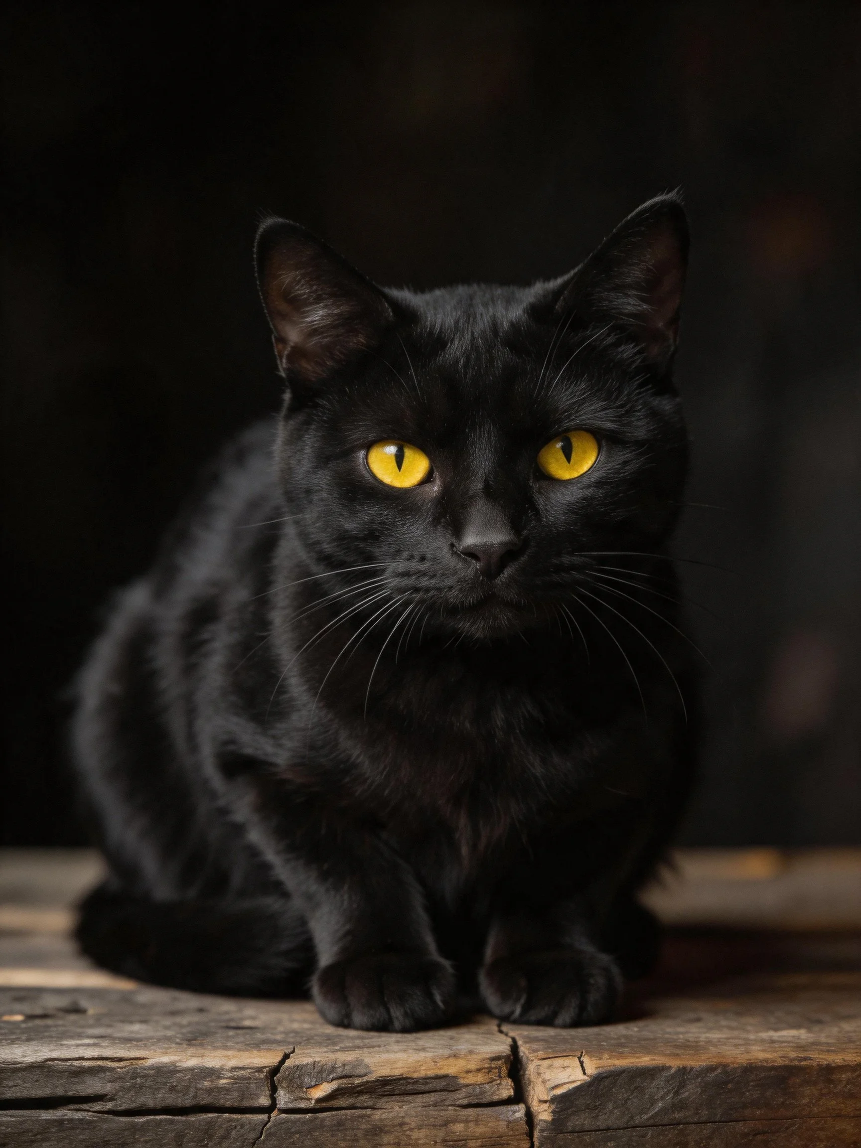 A sleek black cat with vivid yellow eyes resting on aged wood
