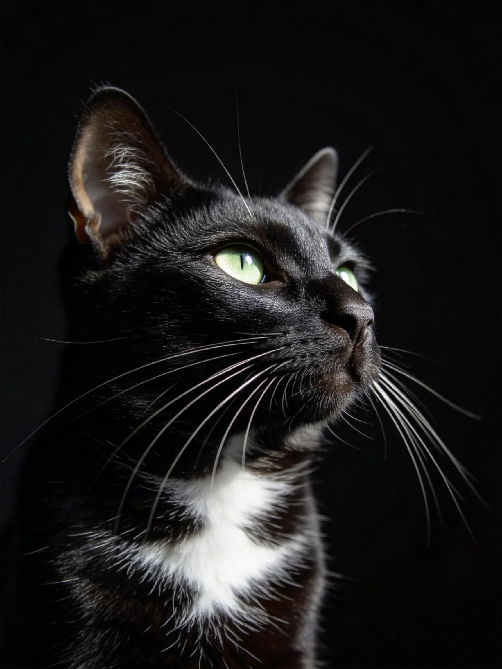 A sleek black cat with white chest marking and green eyes on a dark backdrop