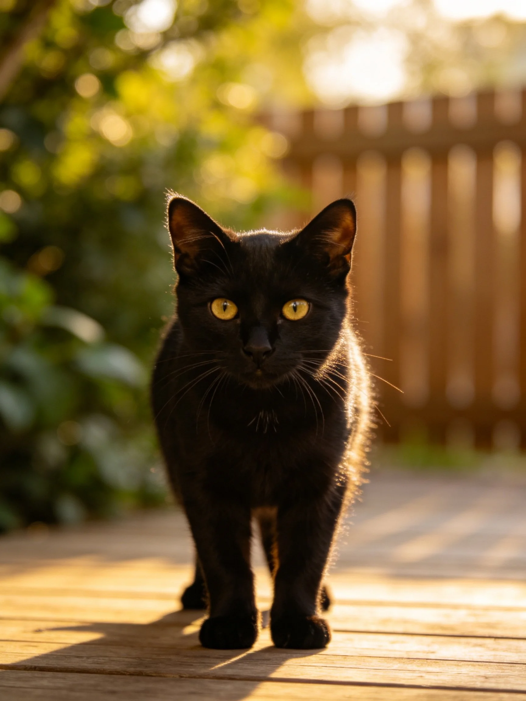 A sleek black cat with yellow eyes on wooden planks