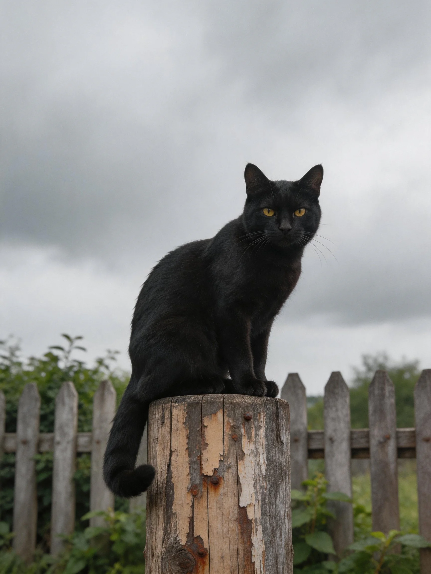 A black cat with yellow eyes sits atop a weathered wooden post near a picket fence under an overcast sky.