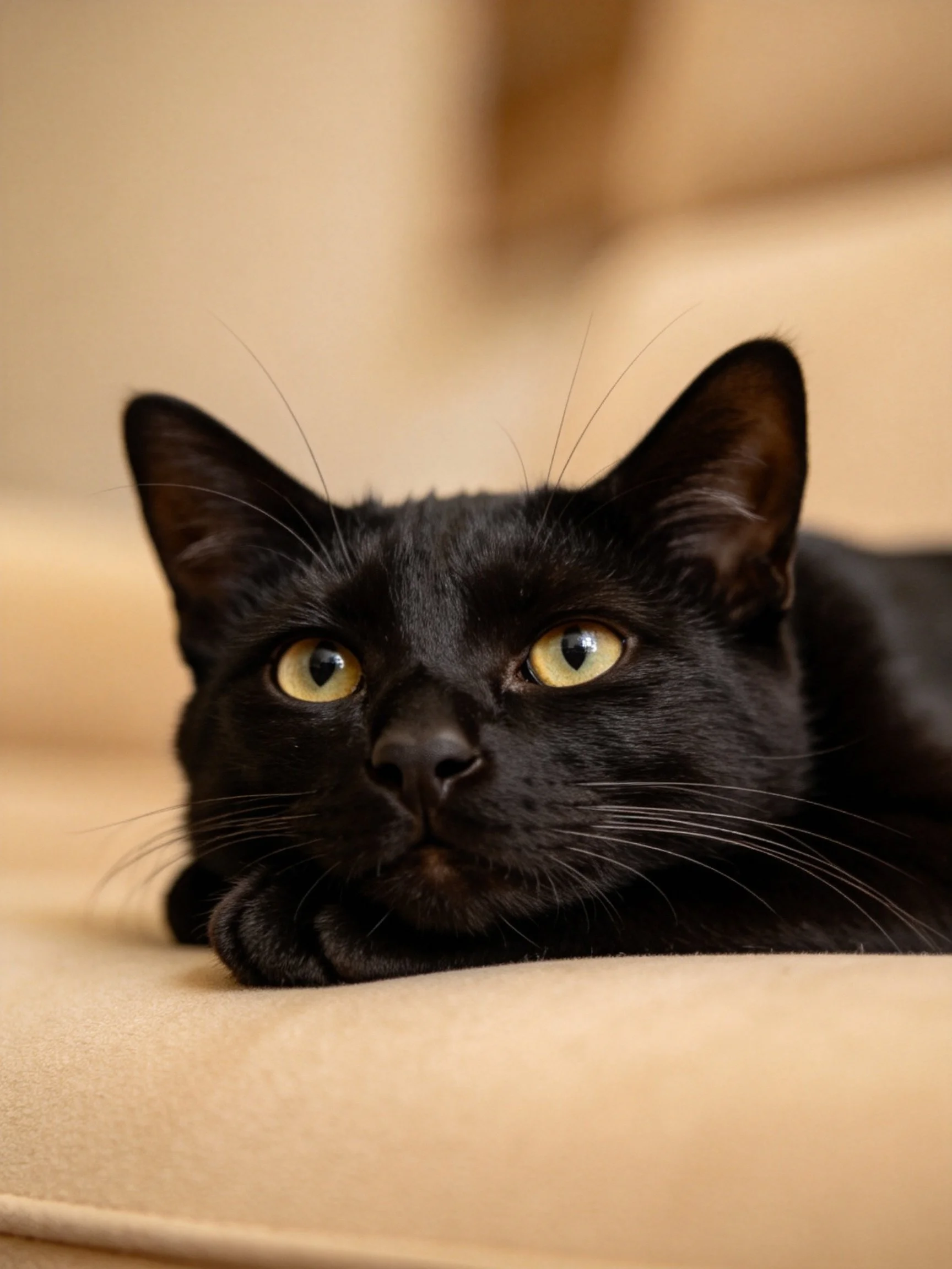 A sleek black cat with yellow eyes rests on a beige surface.