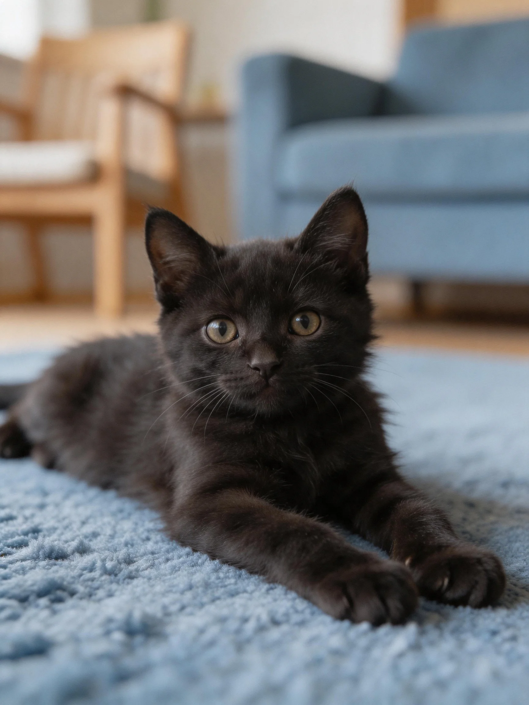 A black kitten relaxes on a blue rug in a cozy living room.