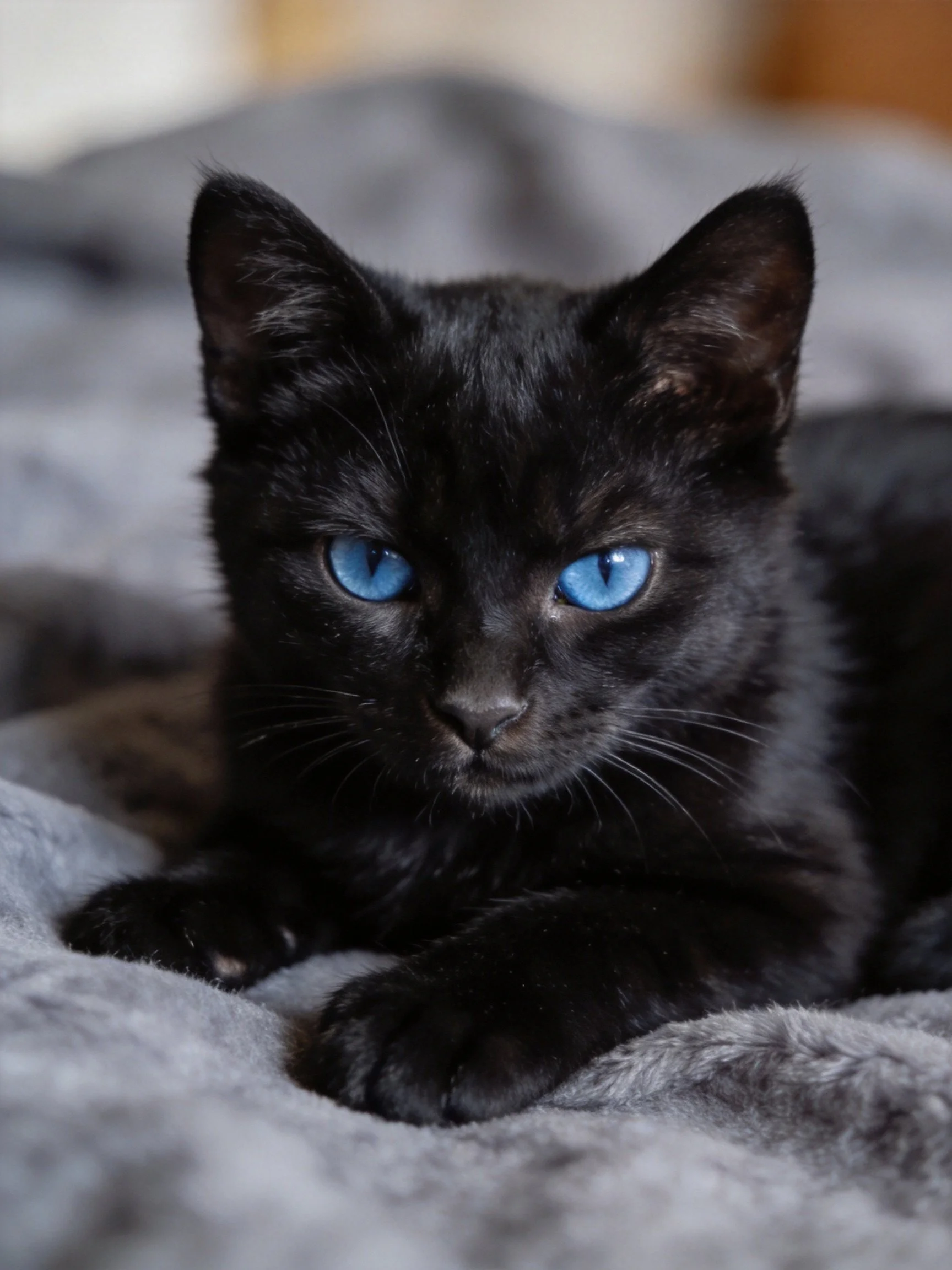 A sleek black kitten with bright blue eyes rests on a soft gray blanket