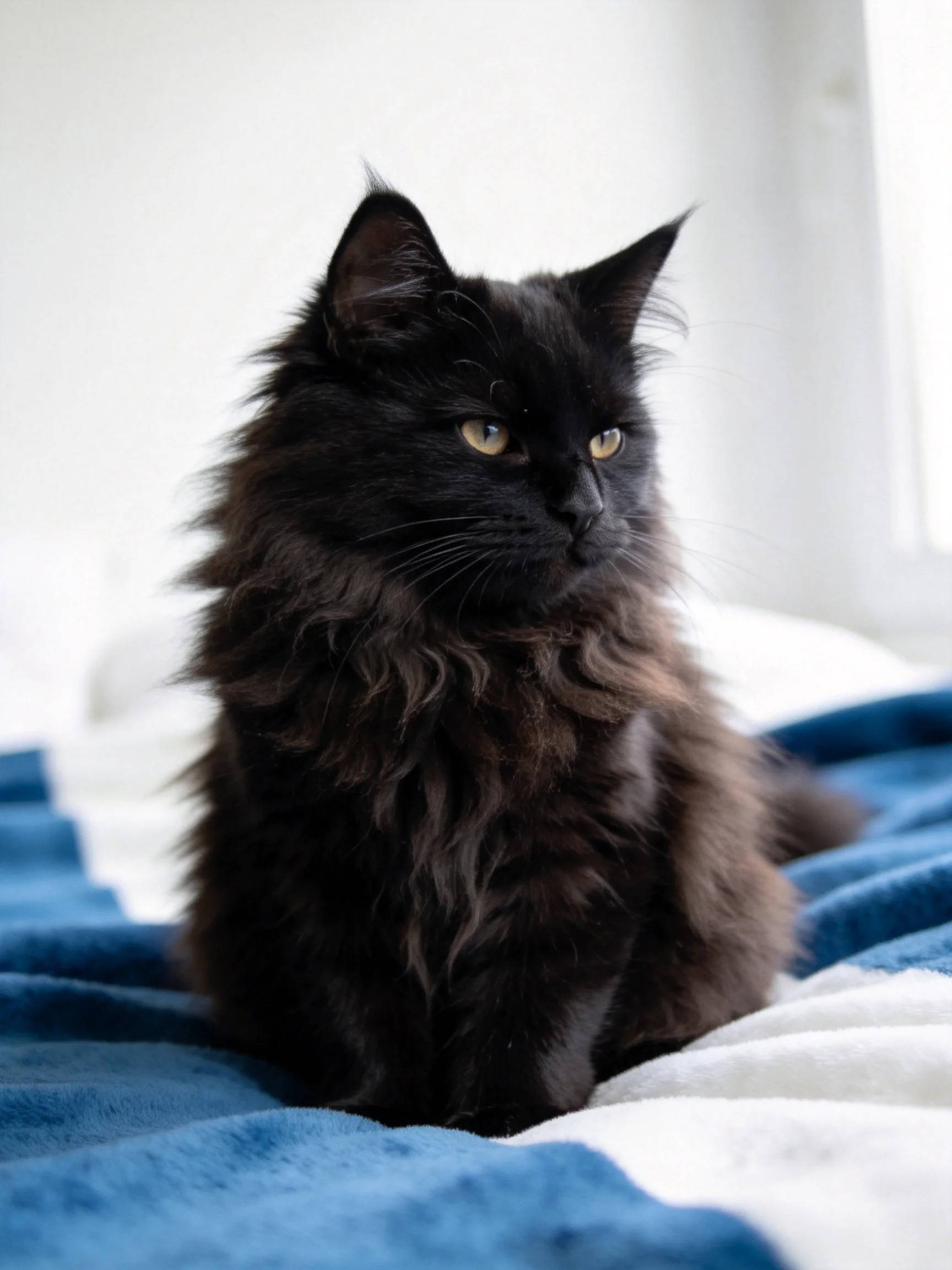 A sleek black long-haired cat rests on a blue and white blanket