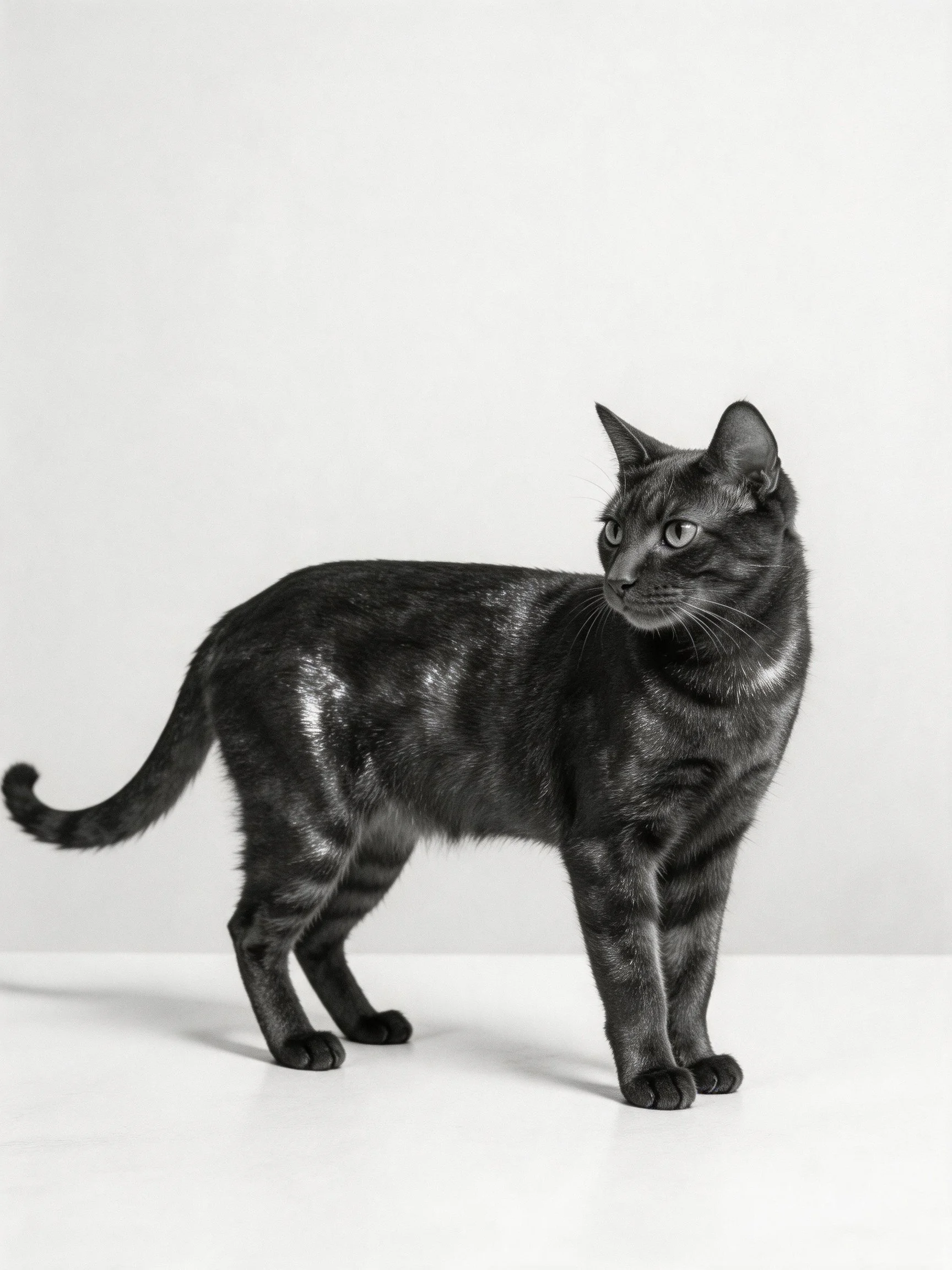 A sleek black tabby cat stands on a plain white surface