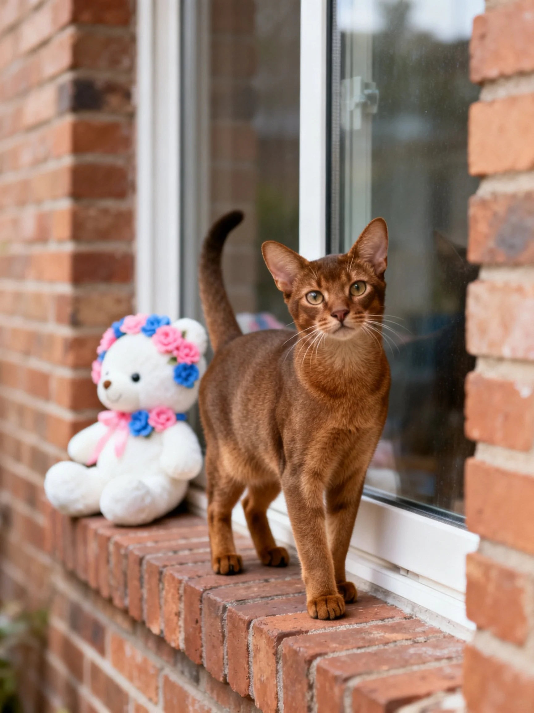 A sleek brown cat stands next to a flower-adorned teddy bear on a brick windowsill.