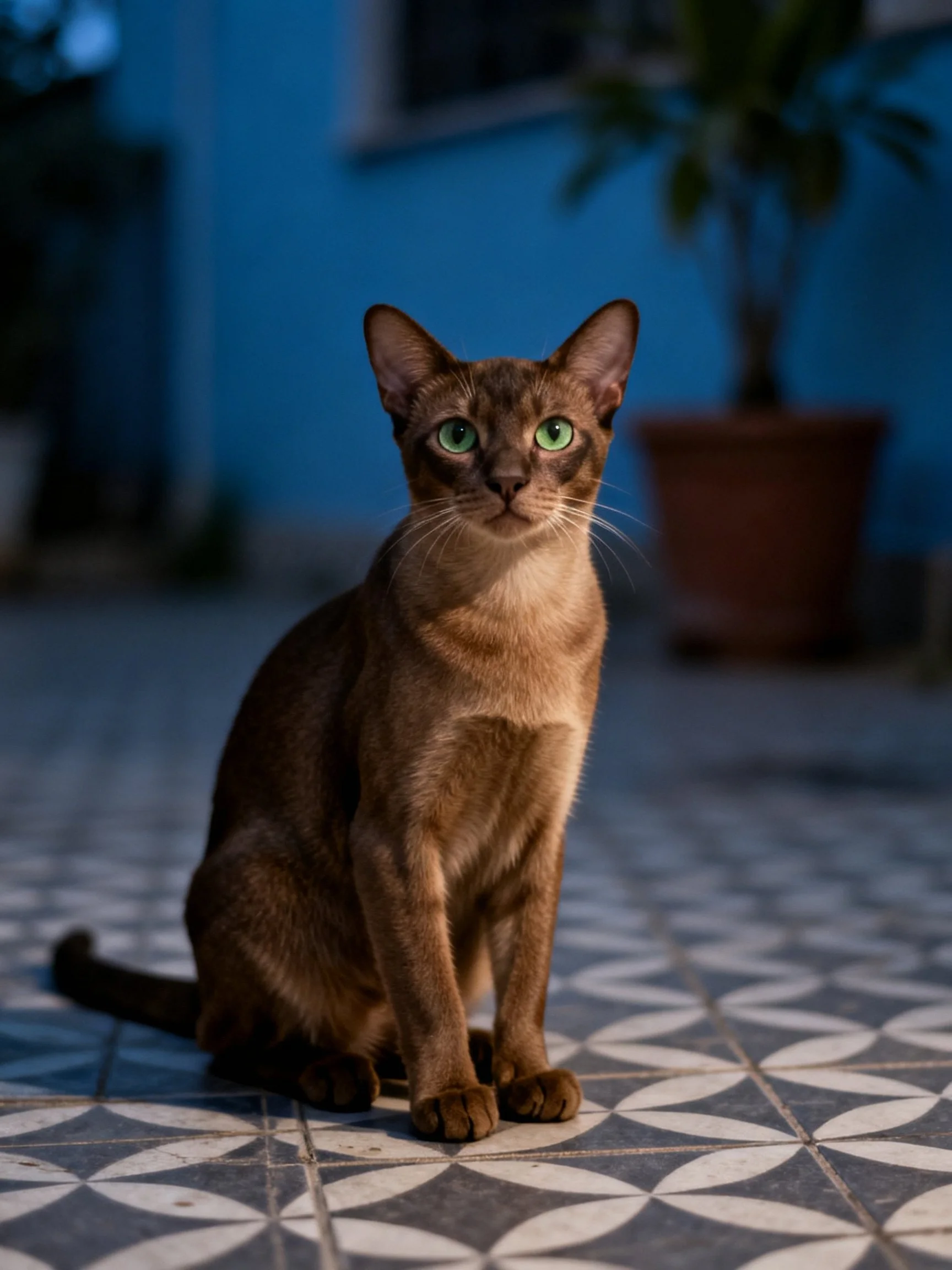 A sleek brown cat with green eyes sits on patterned tiles near a blue wall