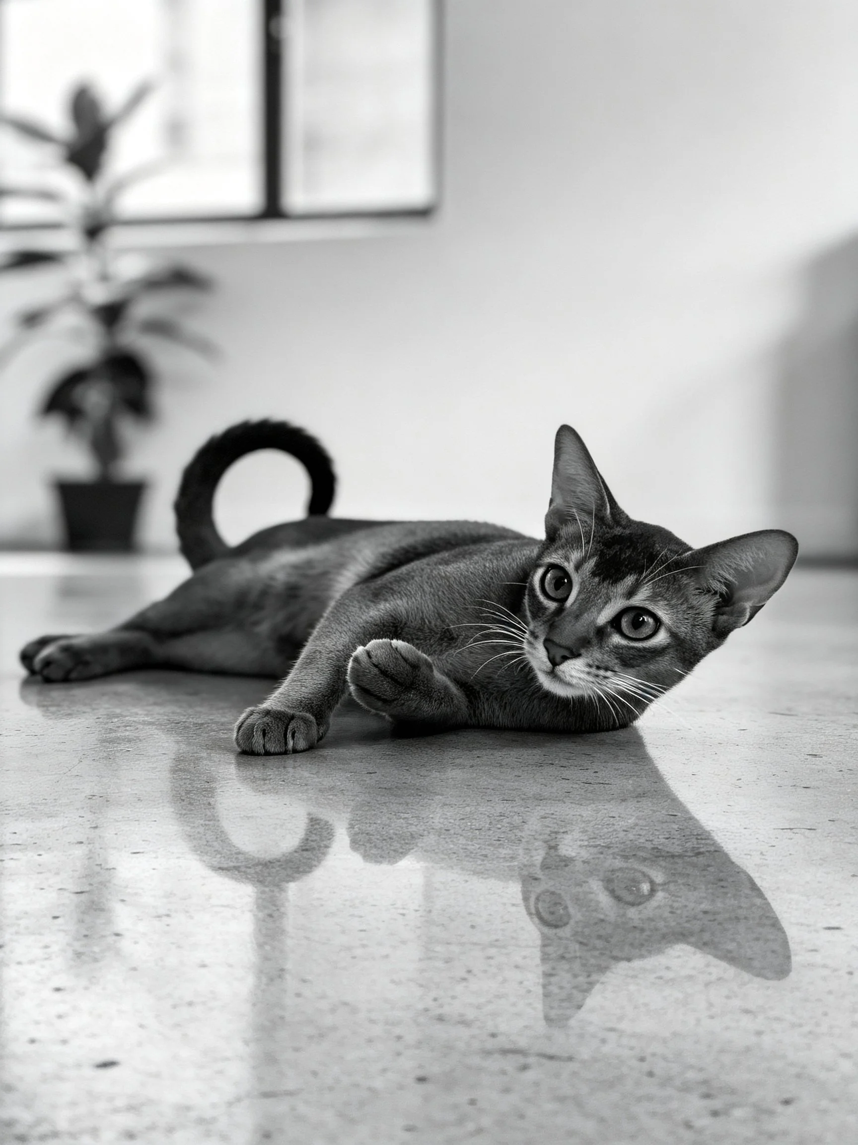 A sleek dark cat lounges on a glossy floor near a potted plant