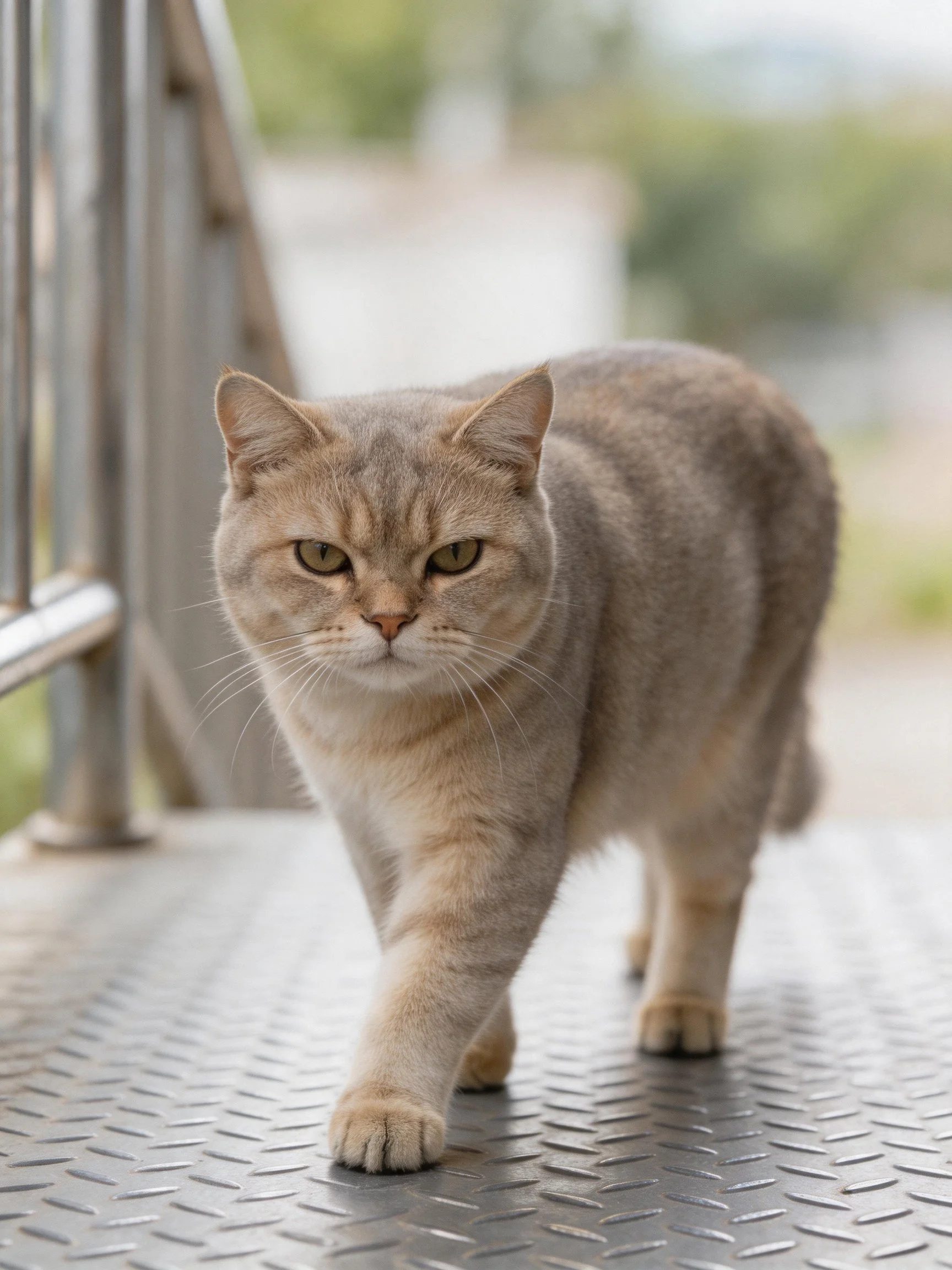 A light-gray cat walks confidently on a metal platform