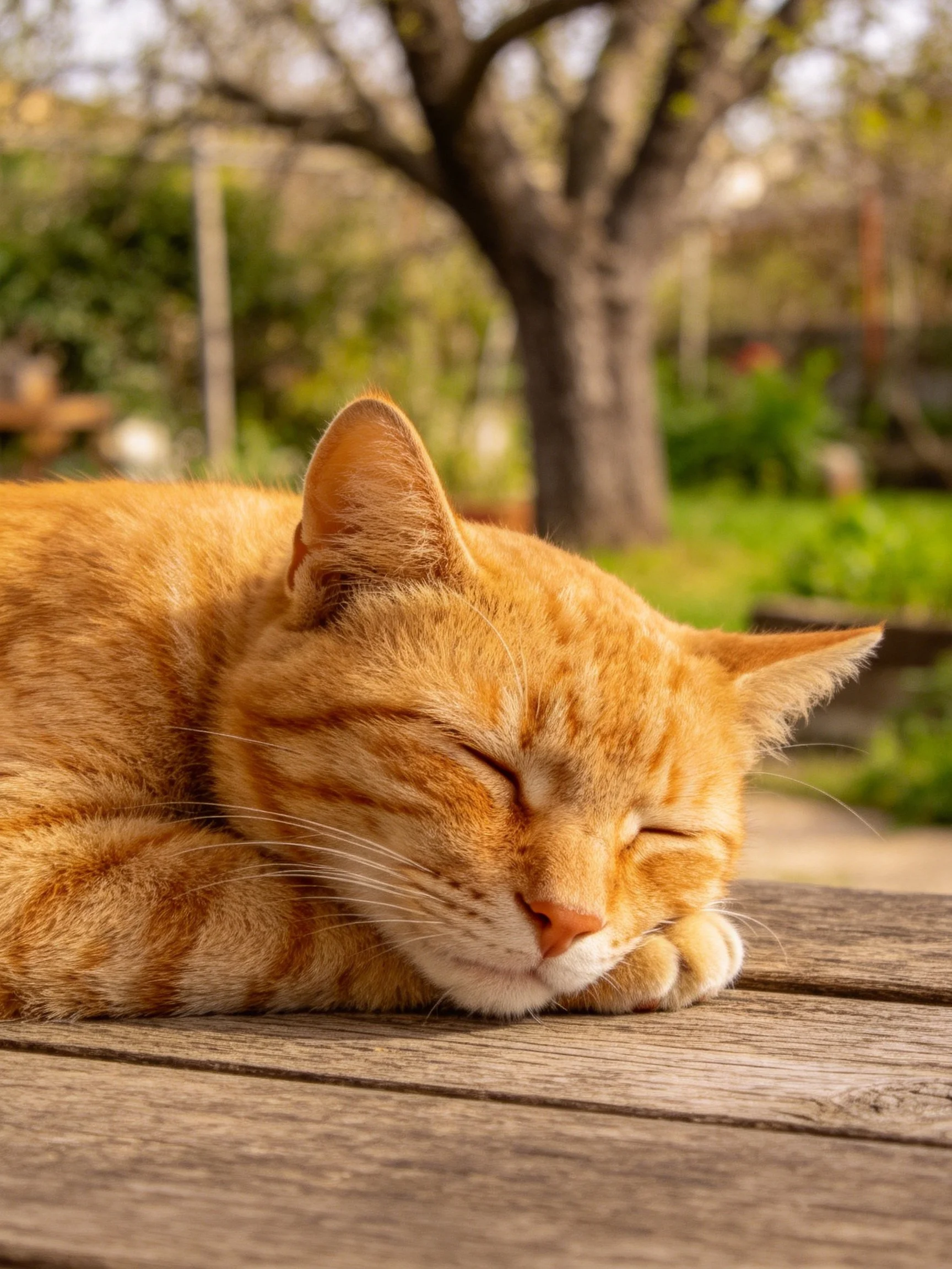 A sleepy orange tabby cat sleeping on a wooden surface in a sunlit garden