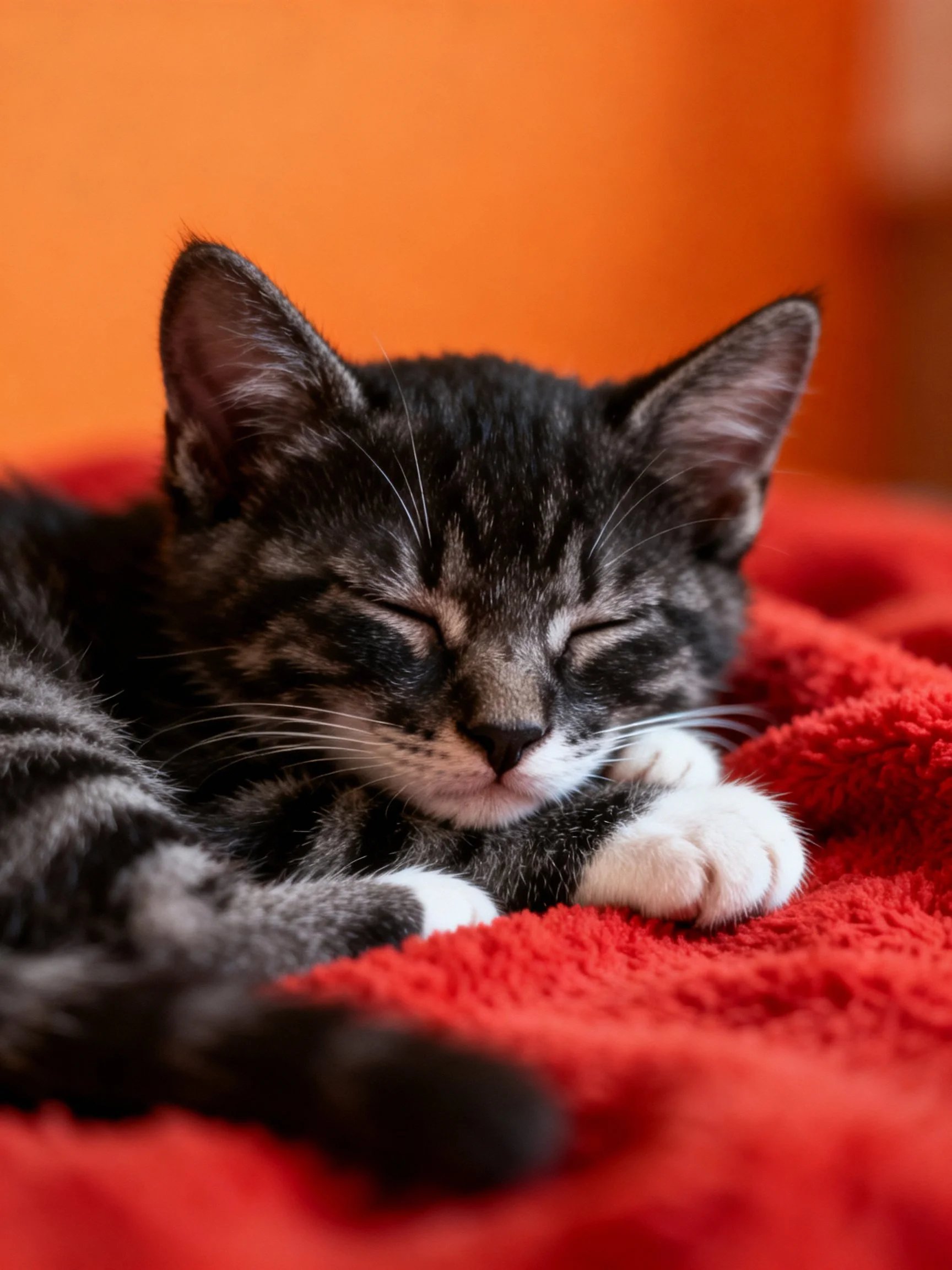 A sleepy tabby kitten naps on a bright red blanket