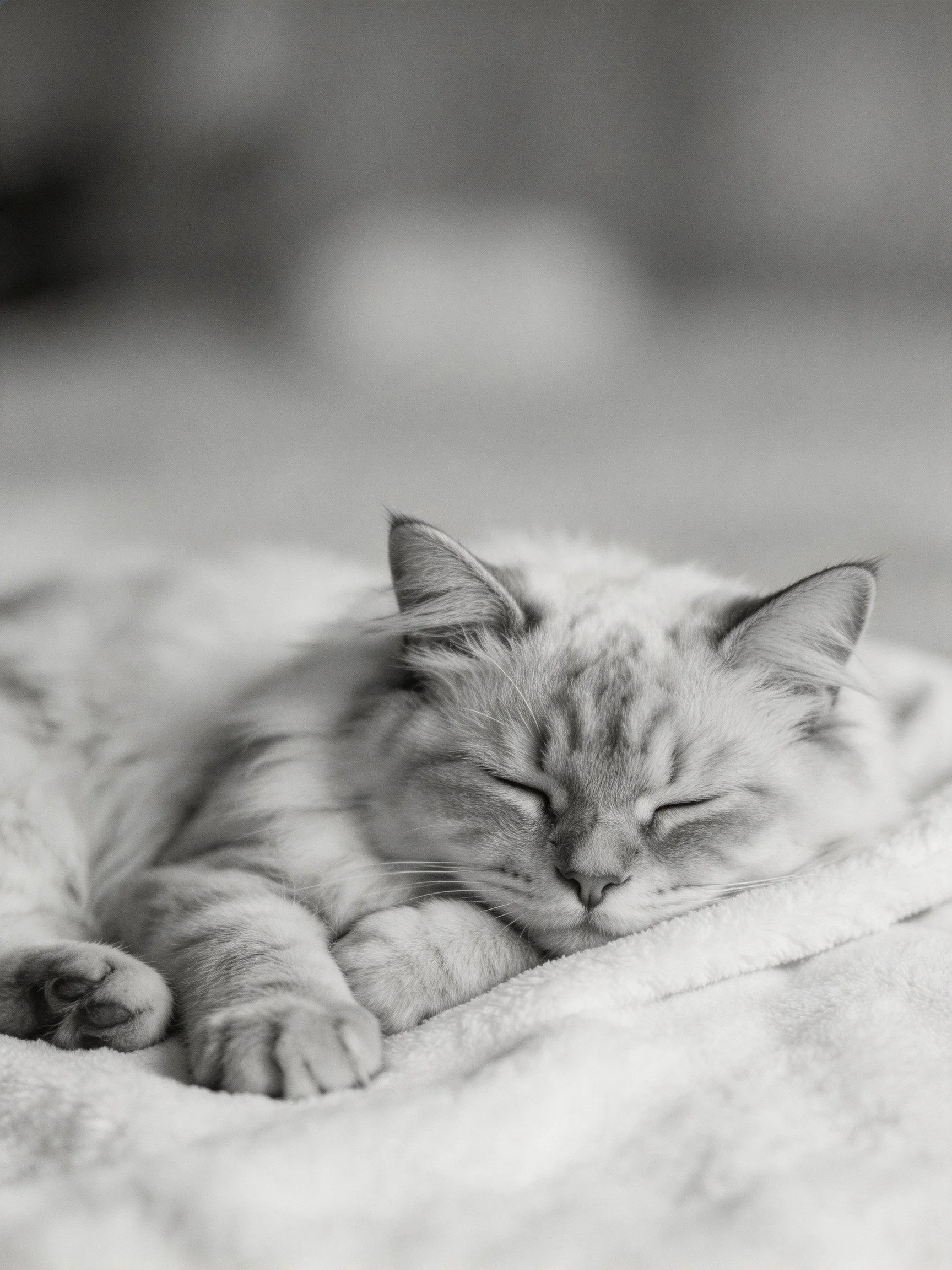 A sleepy tabby kitten resting on a plush blanket in monochrome