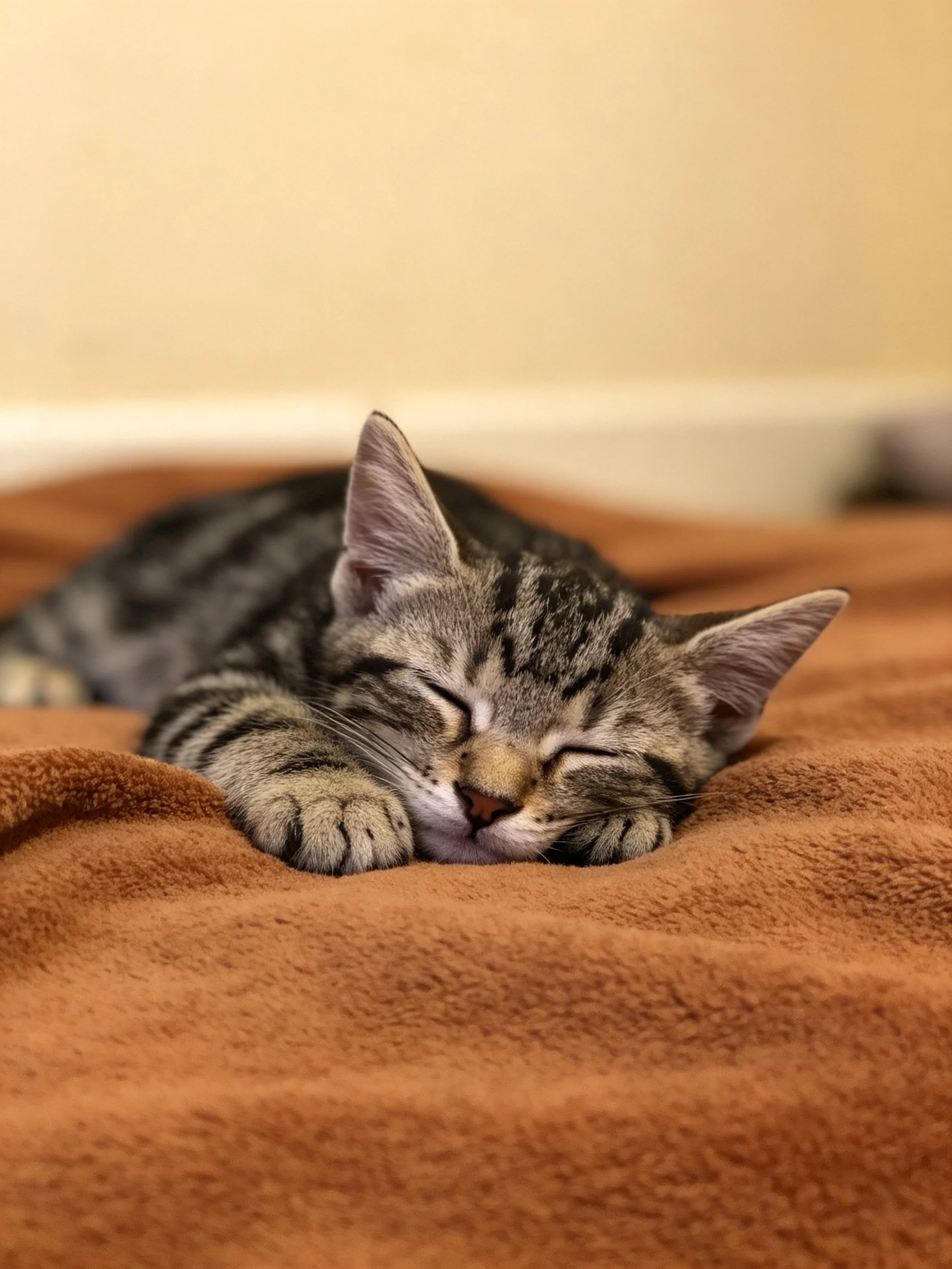 A sleepy tabby kitten resting on a soft brown blanket