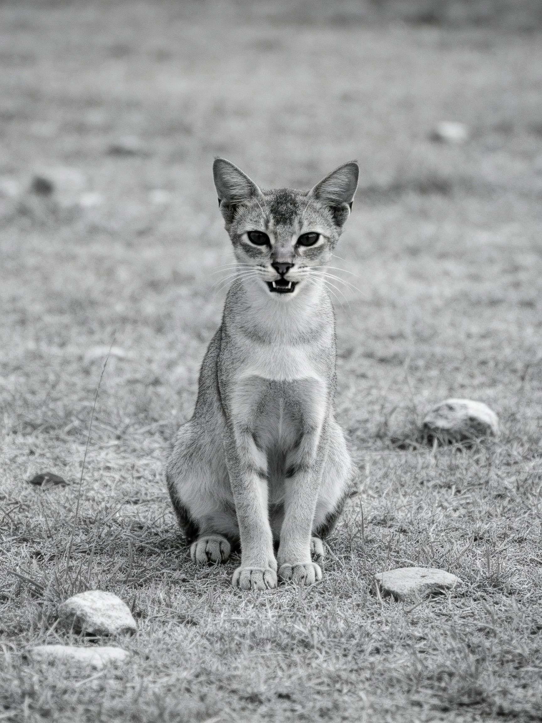 A slender wild cat sits on grass with scattered rocks nearby.