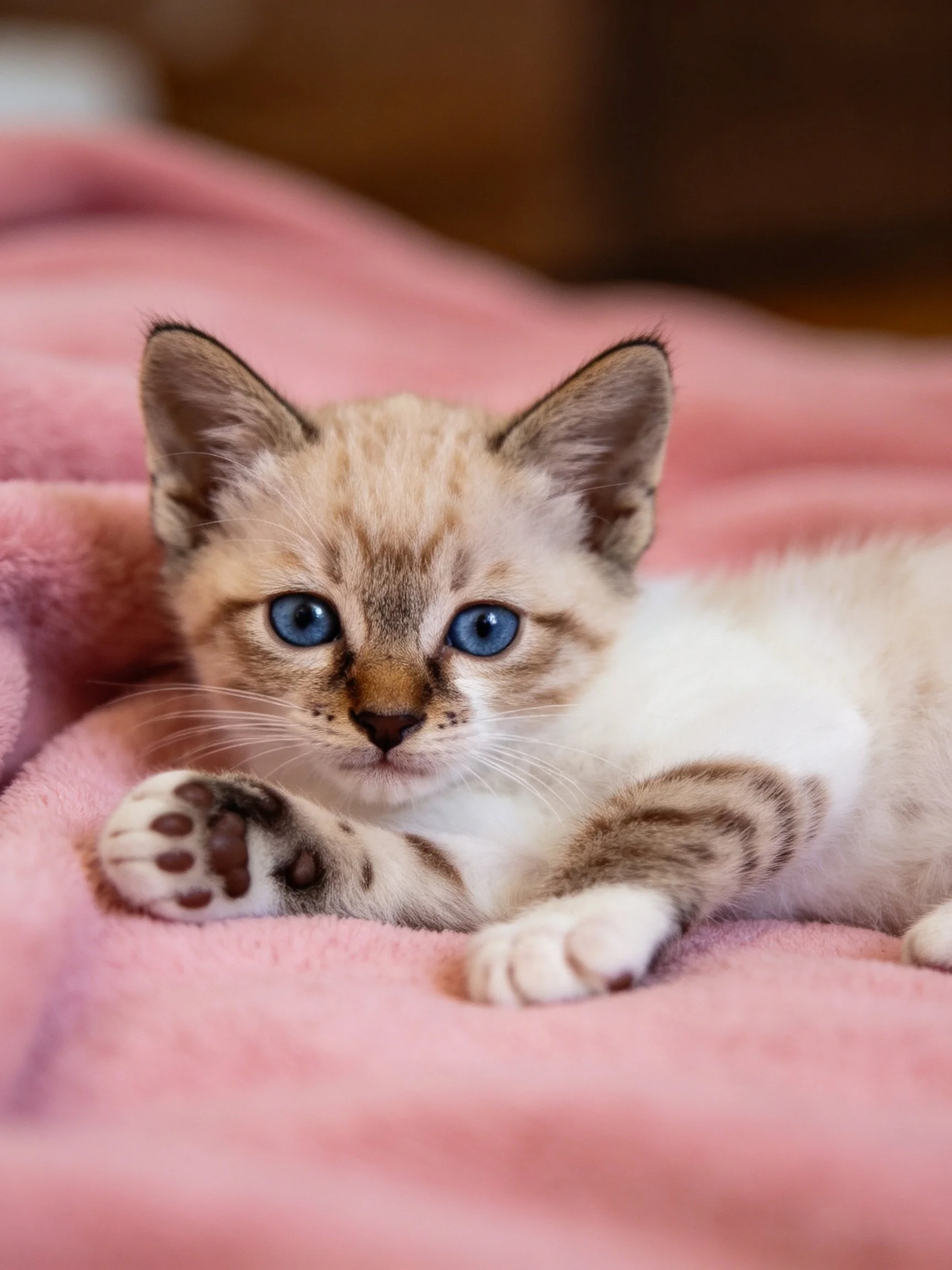 A small Siamese kitten with blue eyes relaxes on a soft pink blanket