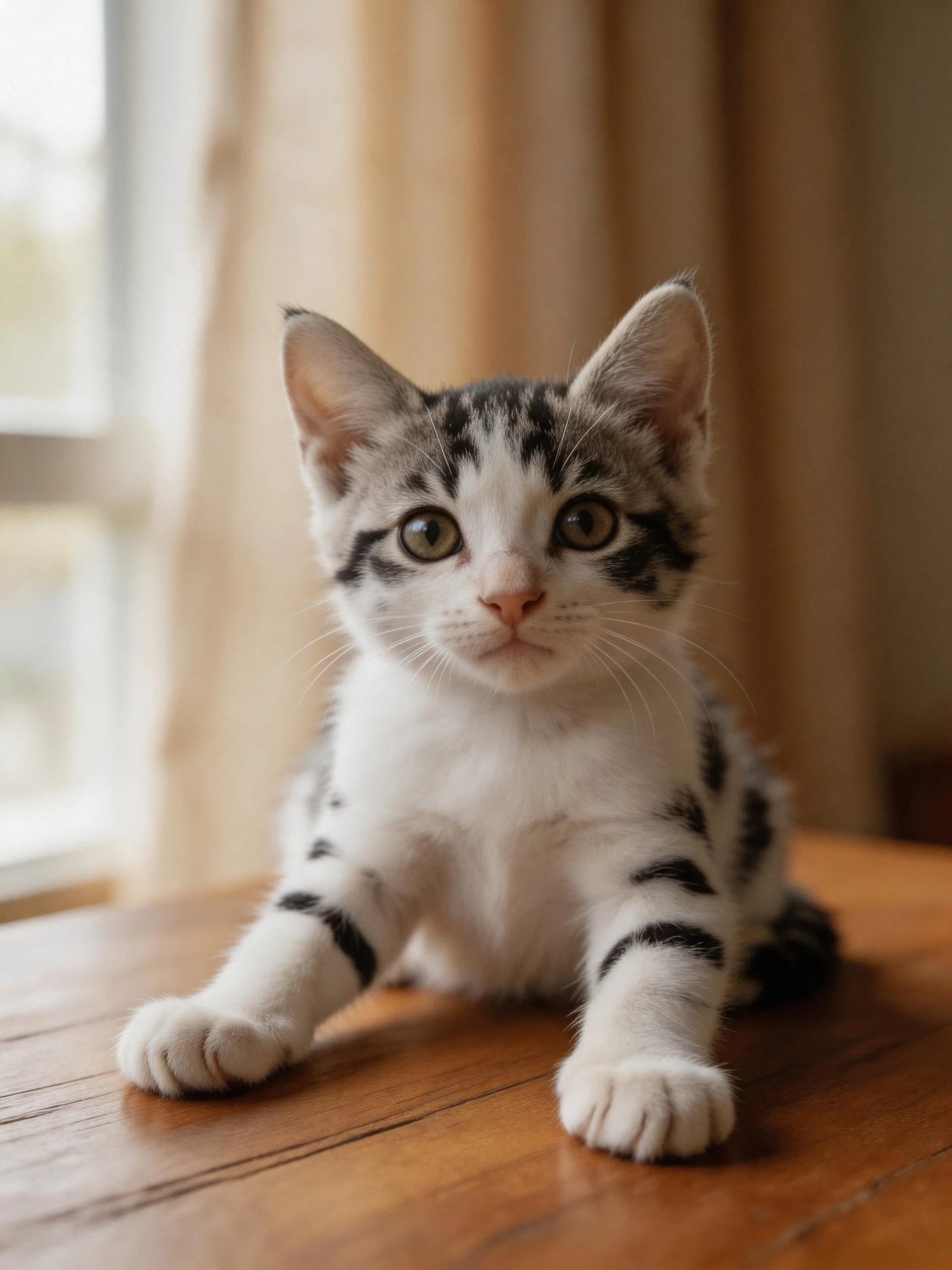 A small black-and-white kitten sits calmly on a wooden surface by a window.