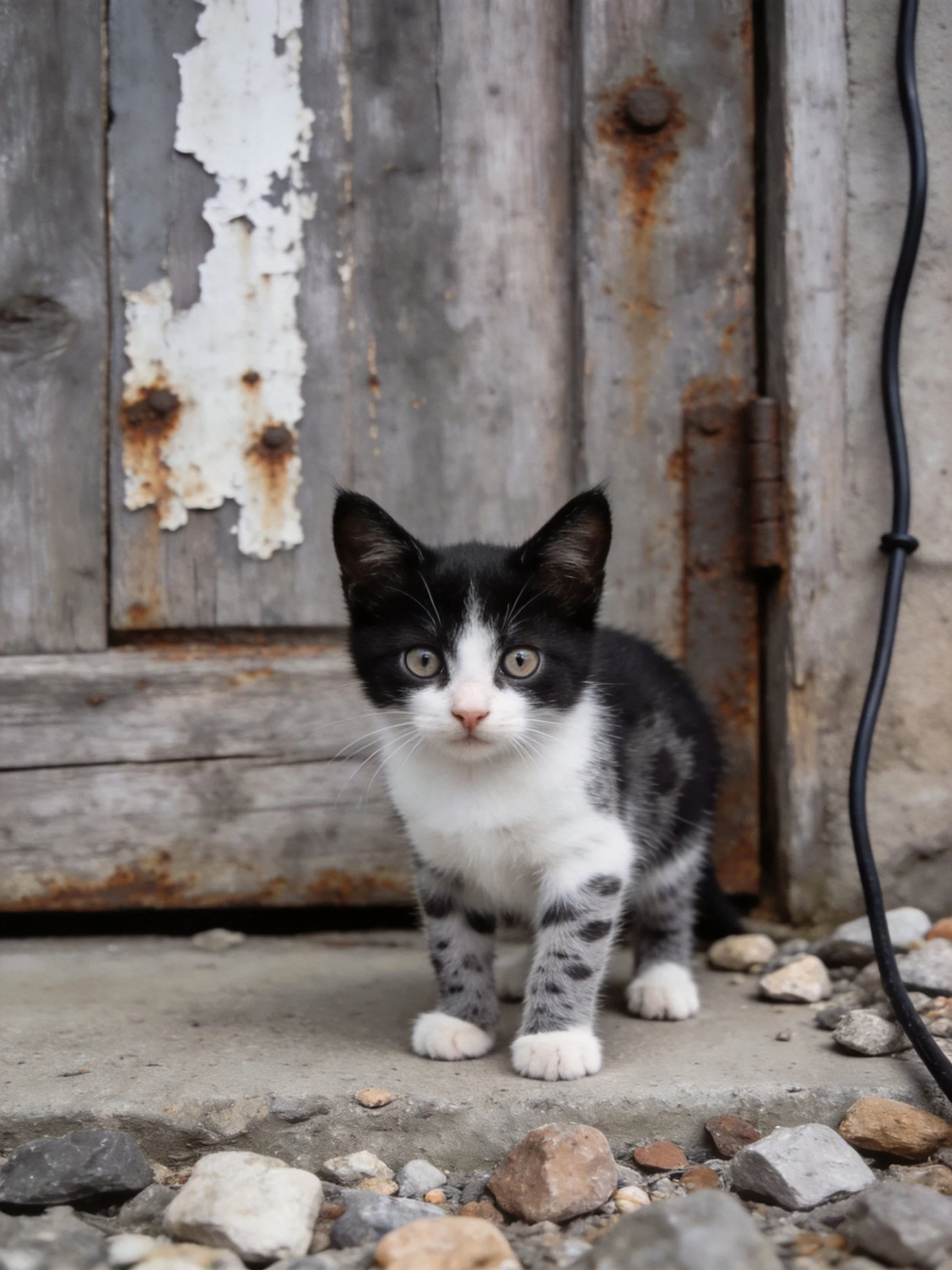 A small black and white kitten stands near an aged wooden door with peeling paint