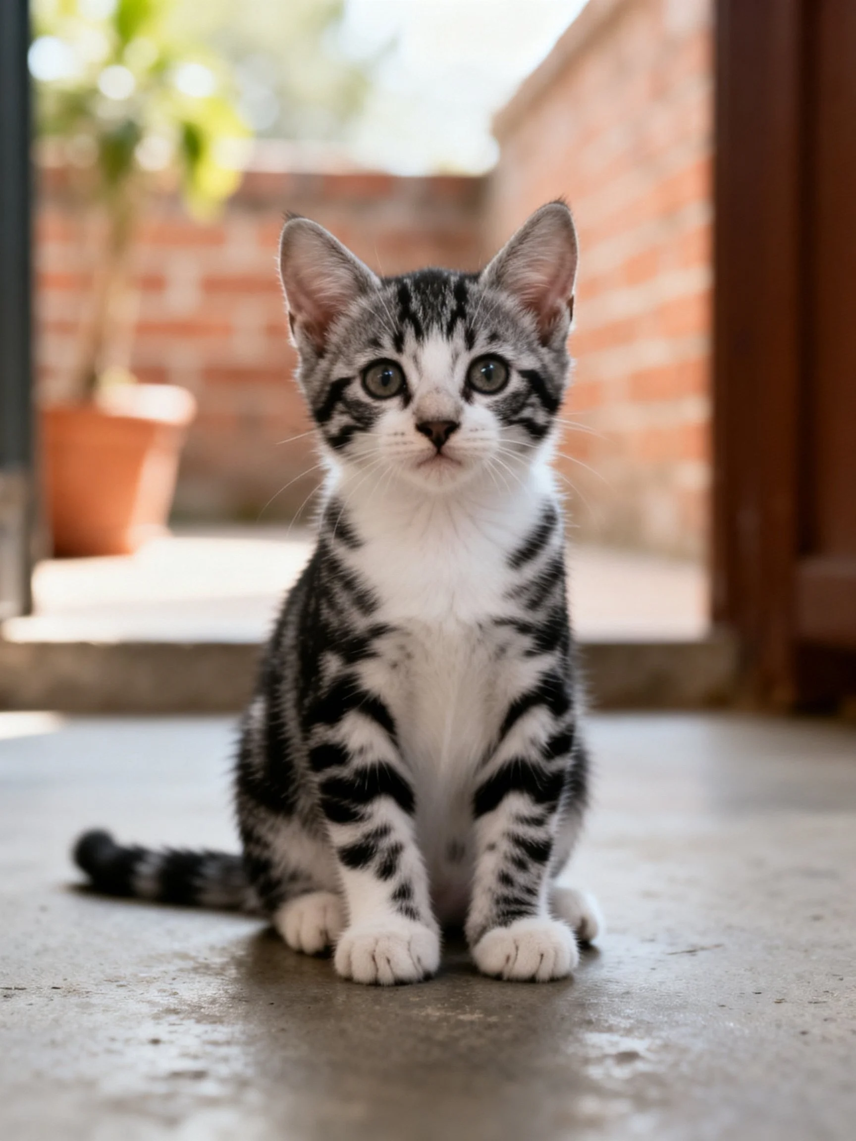 A small black and white striped kitten sits calmly on a concrete path near brick walls.