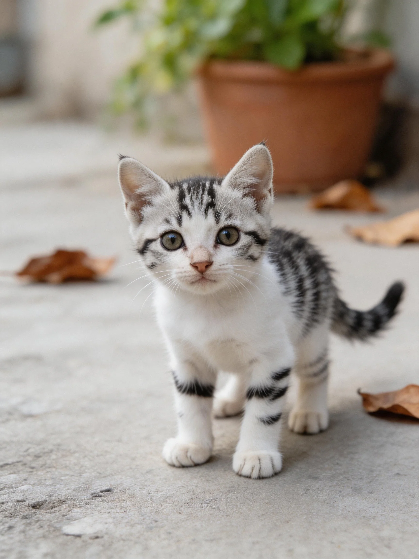 A small black and white tabby kitten stands among scattered leaves on a concrete surface.