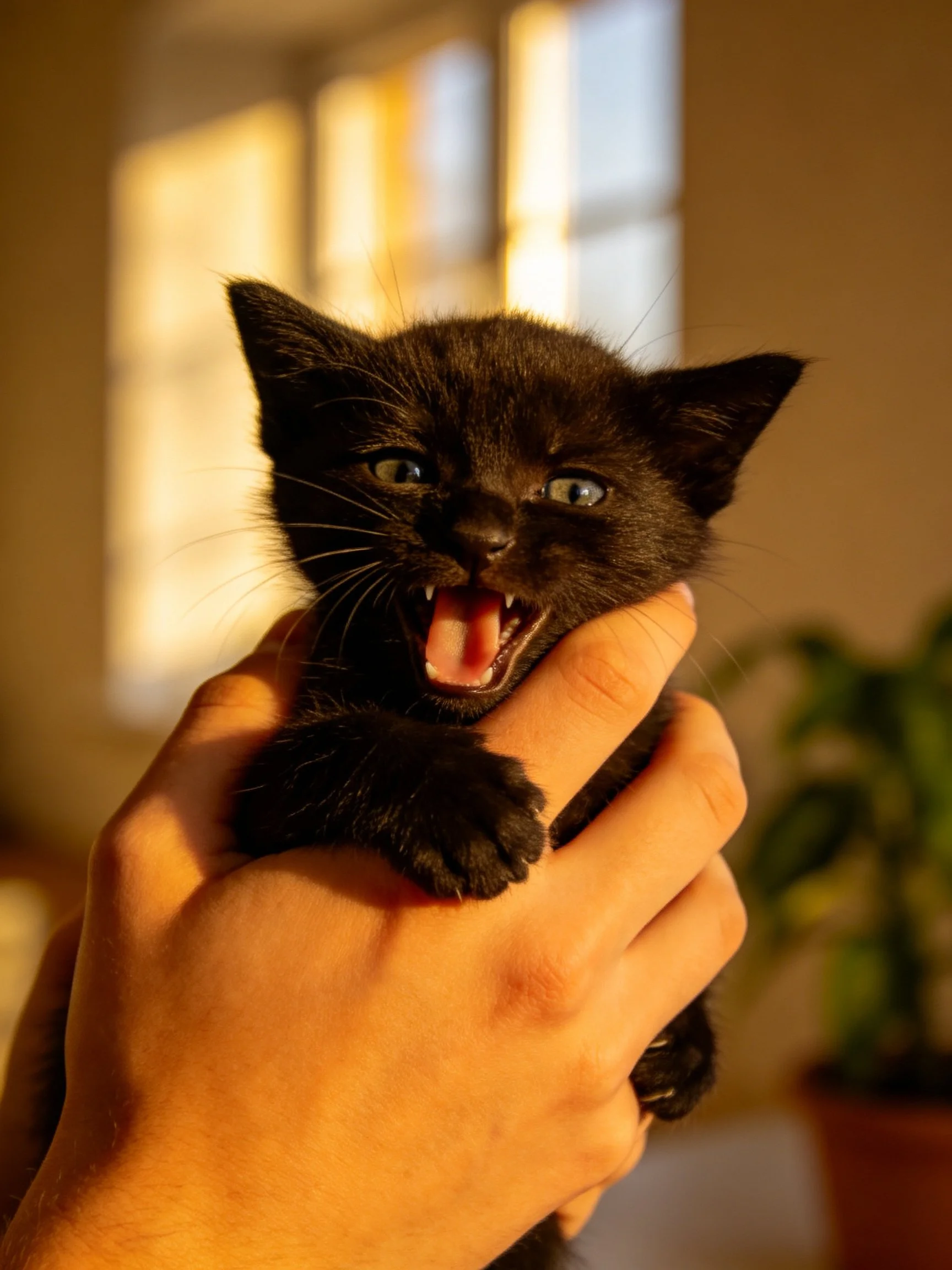 A small black kitten held in human hands with mouth open